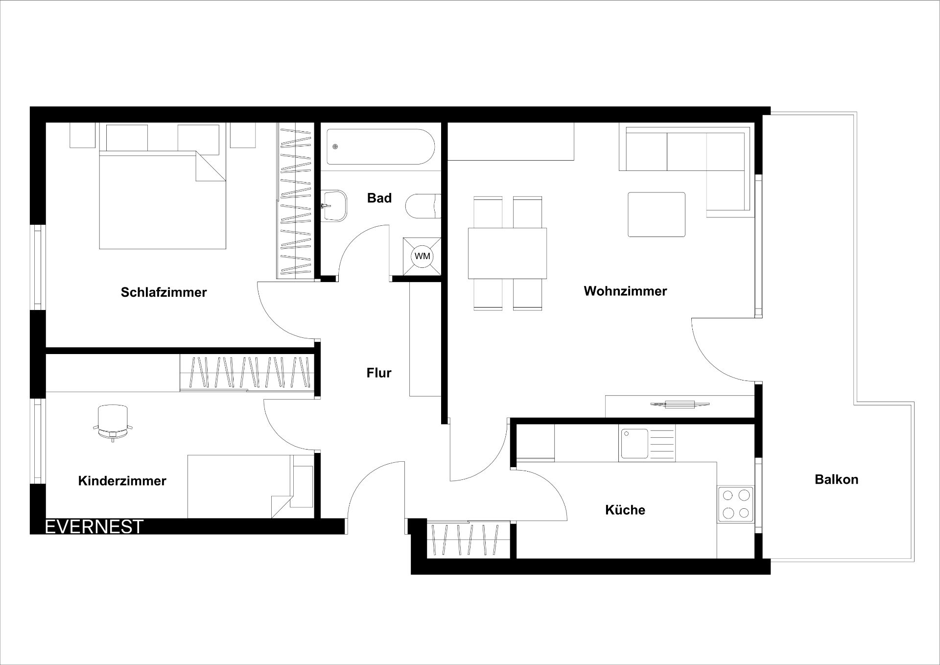 Grundriss einer Wohnung mit Schlafzimmer, Kinderzimmer, Bad, Flur, Wohnzimmer, Küche und Balkon.