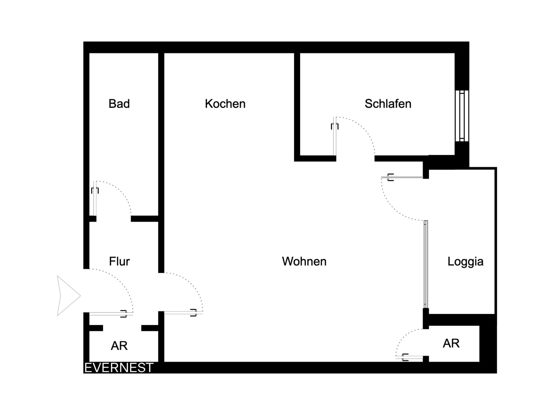 Grundriss einer Wohnung mit Bad, Kochen, Schlafen, Wohnen, Loggia, Flur und zwei Abstellräumen.