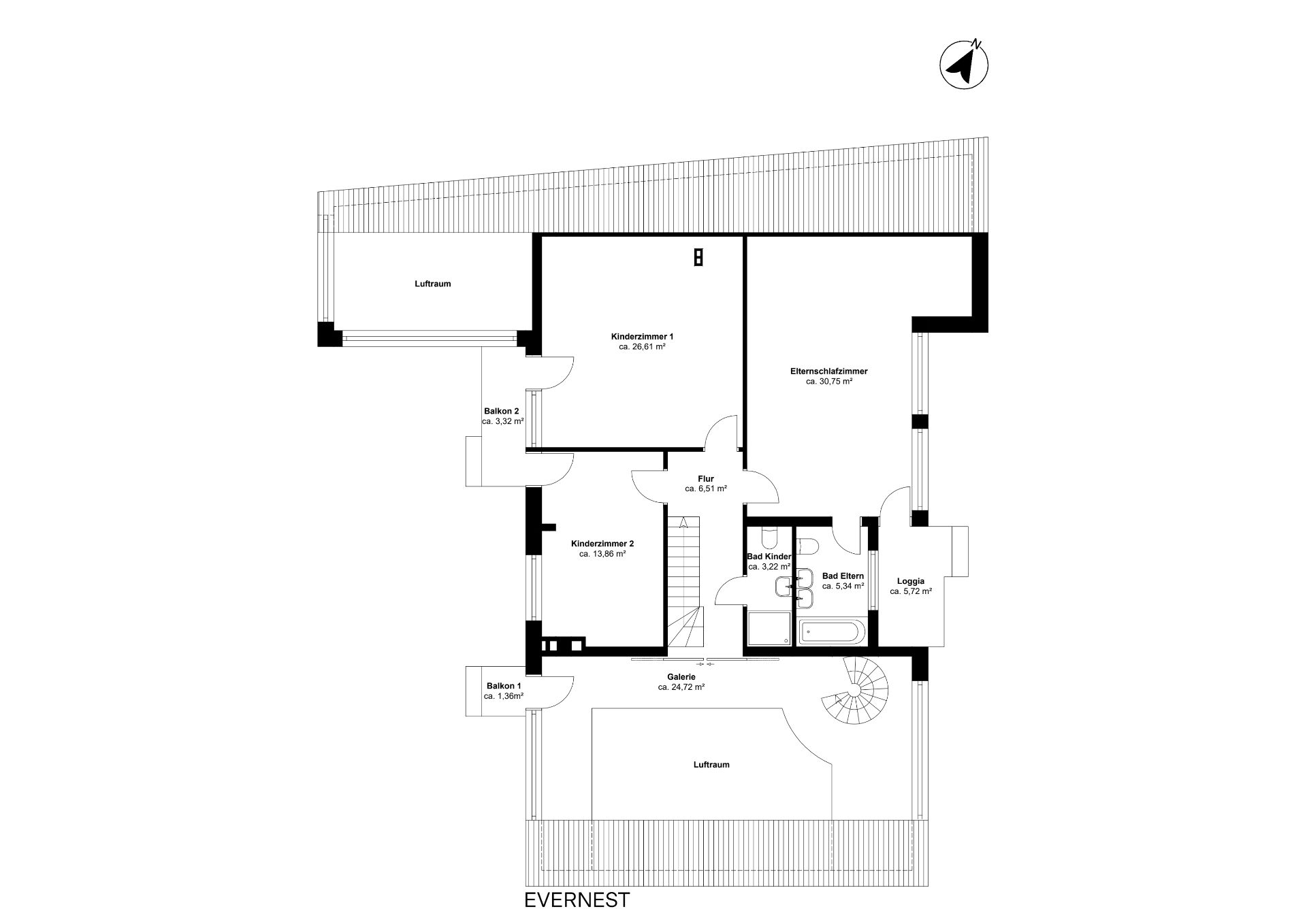 Grundriss eines Wohnhauses mit zwei Kinderzimmern, Elternschlafzimmer, Bädern, Galerie und Balkonen.
