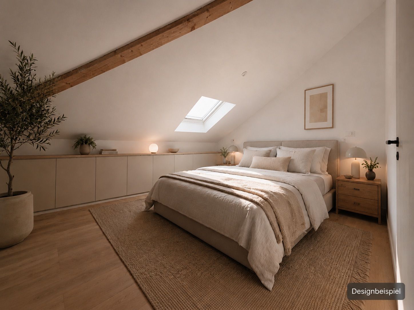 Helles Schlafzimmer im Dachgeschoss mit Doppelbett, Teppich, Pflanzen und Dachfenster.