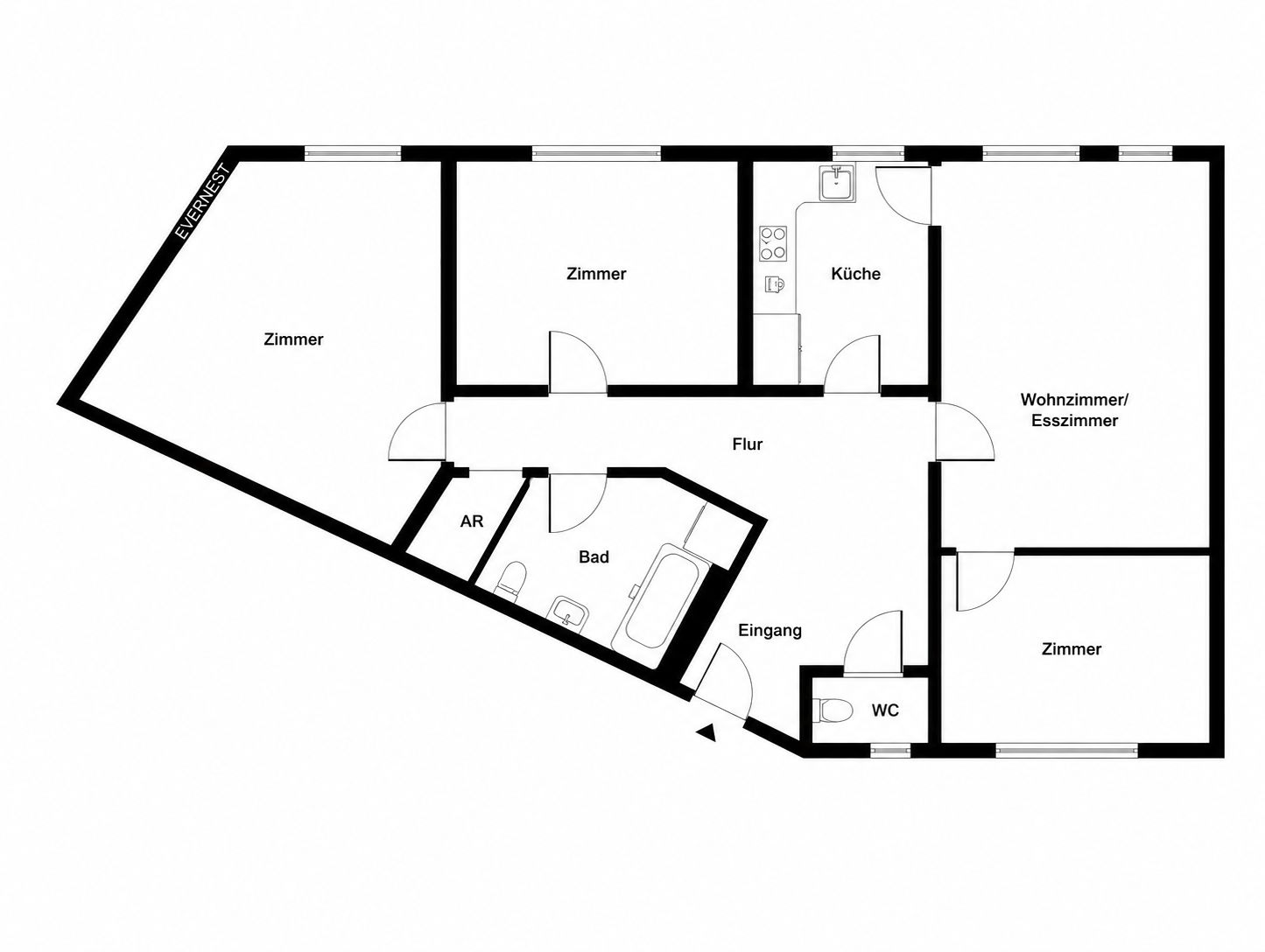 Grundriss einer Wohnung mit drei Zimmern, Küche, Bad, WC, Flur, Abstellraum und Wohnzimmer.