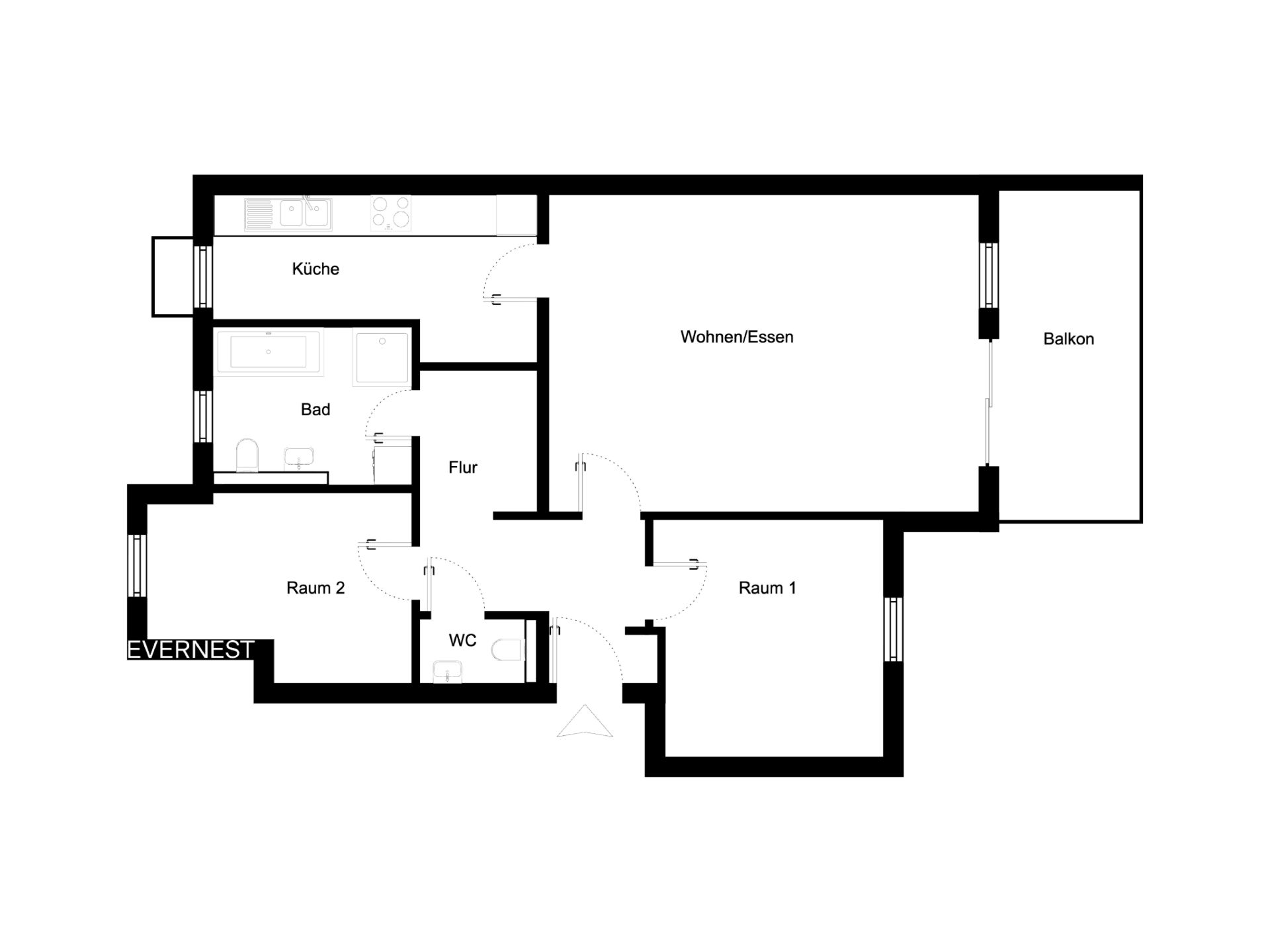 Grundriss einer Wohnung mit Küche, Bad, WC, zwei Zimmern, Wohnzimmer und Balkon.
