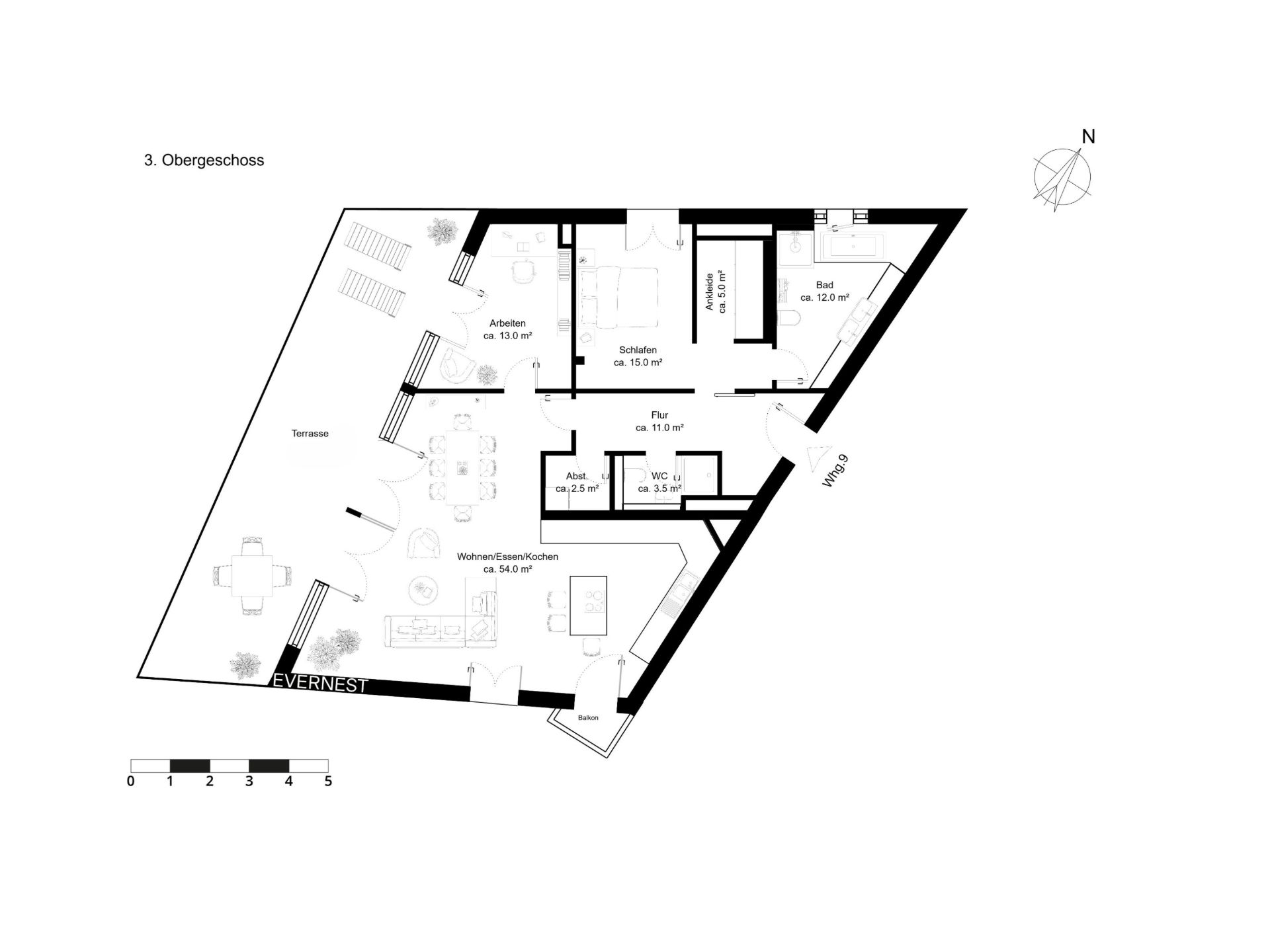 Grundriss einer Wohnung mit Terrasse, Wohnbereich, Schlafzimmer, Bad und Küche im 3. Obergeschoss.
