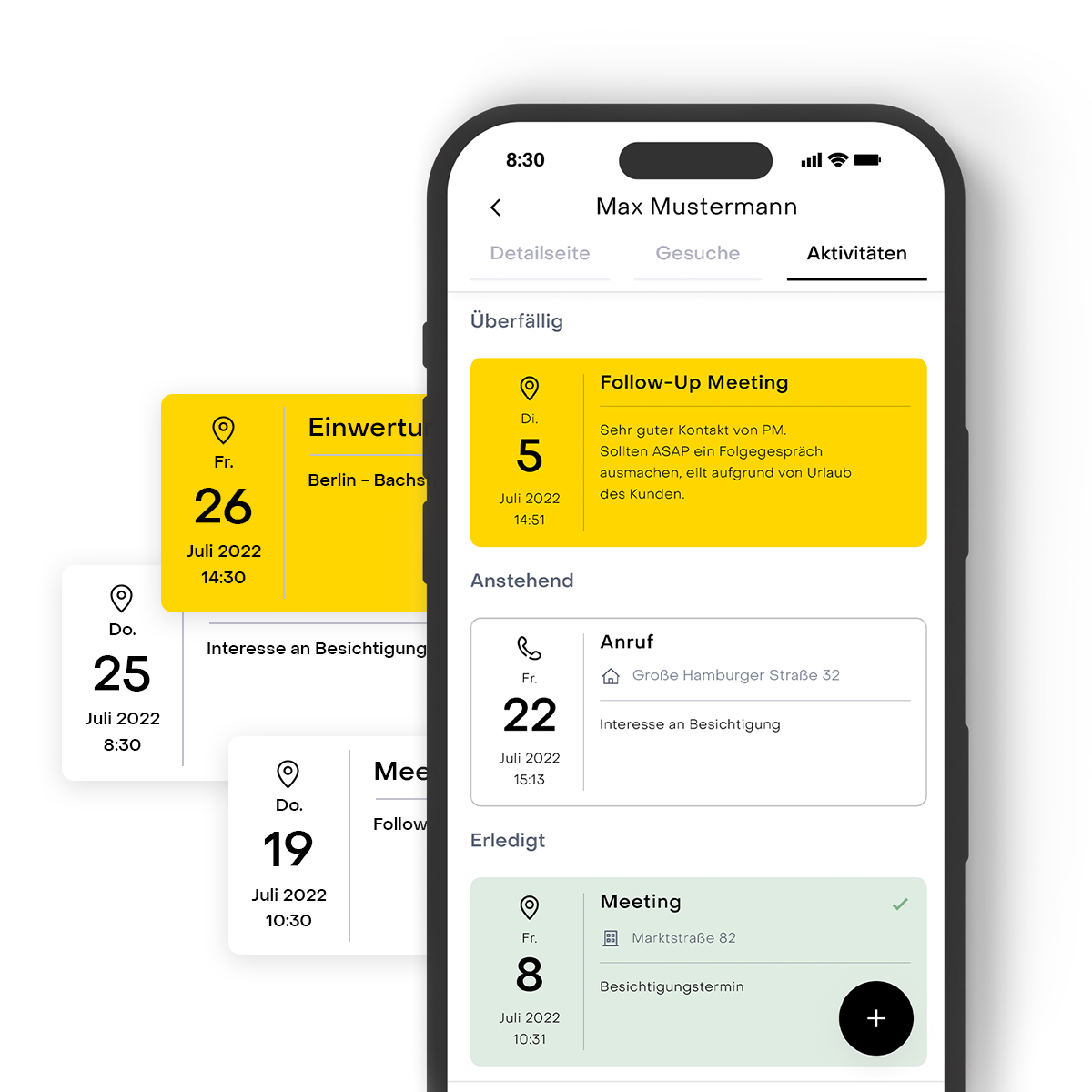 Smartphone zeigt eine App mit Terminen und Aktivitäten, darunter Meetings und Telefonate.