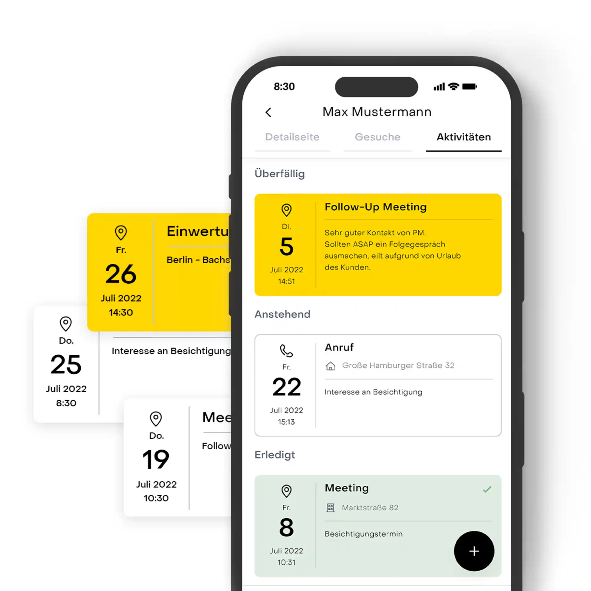 Smartphone zeigt eine App mit Terminen und Aktivitäten, darunter Meetings und Telefonate.