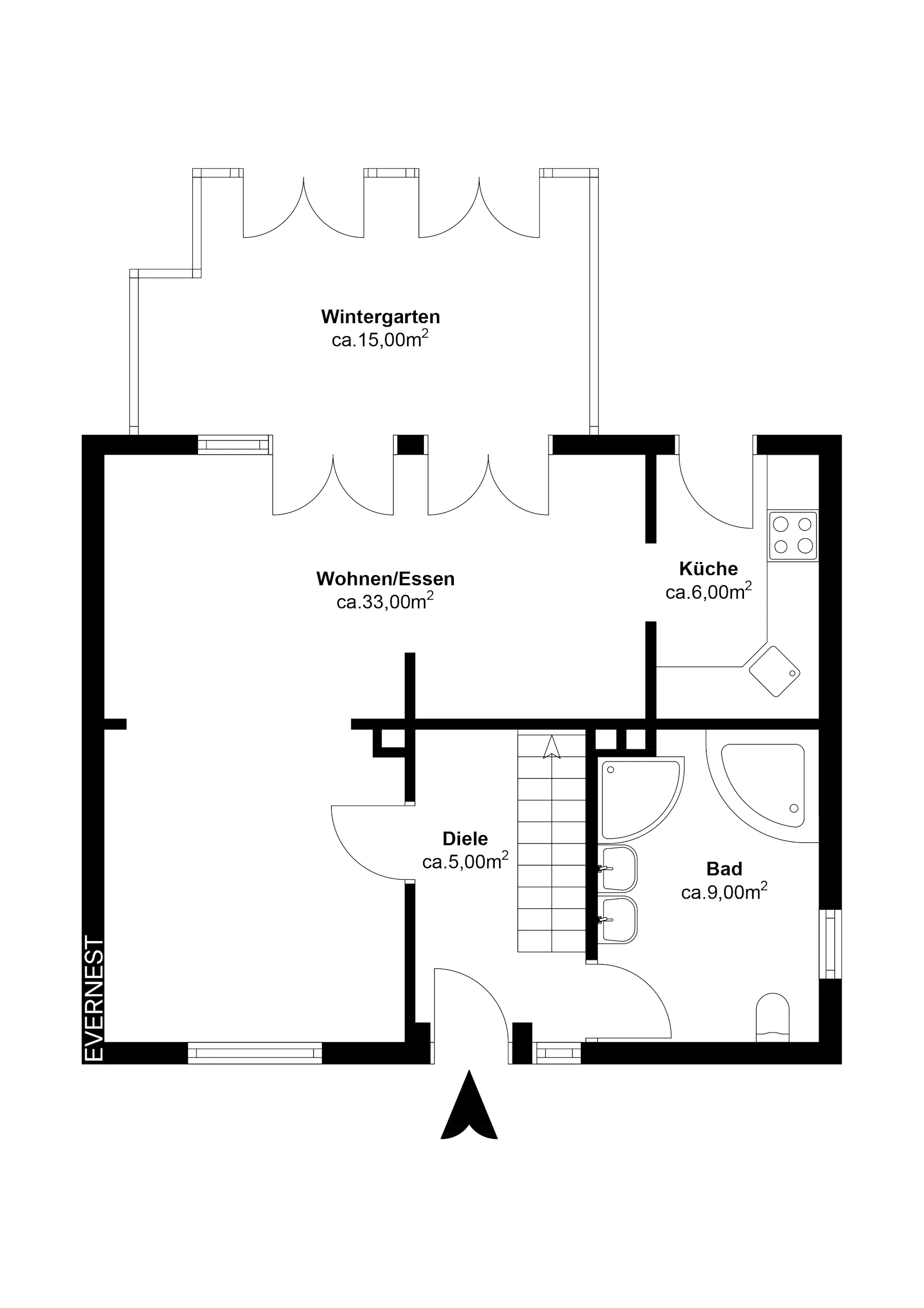 Grundriss mit Wintergarten, Wohn-/Essbereich, Küche, Diele und Bad, Räume mit Flächenangaben.