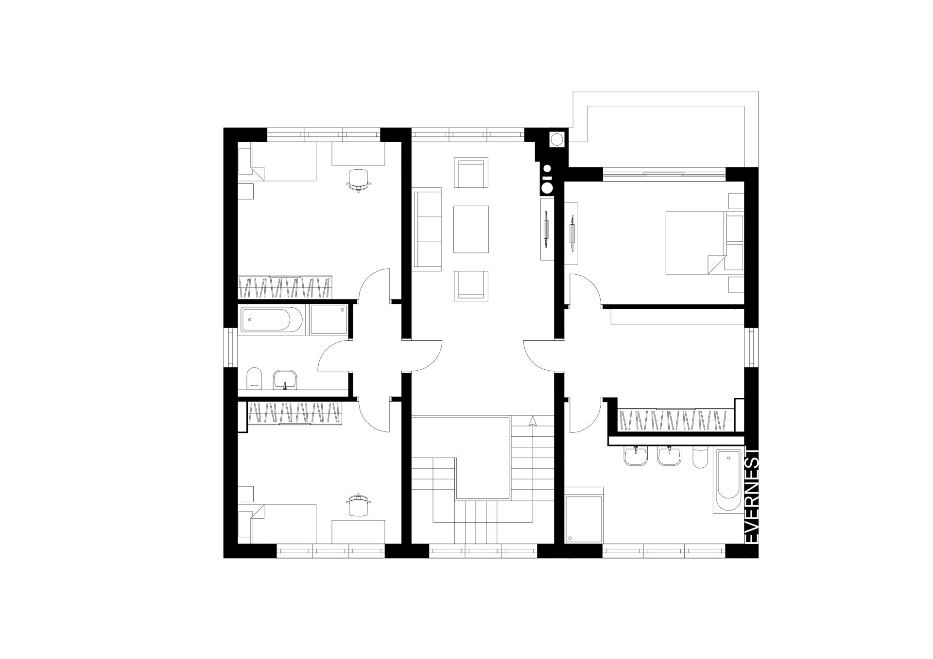 Grundriss eines Wohnhauses mit mehreren Zimmern, Bädern und einem zentralen Flur.