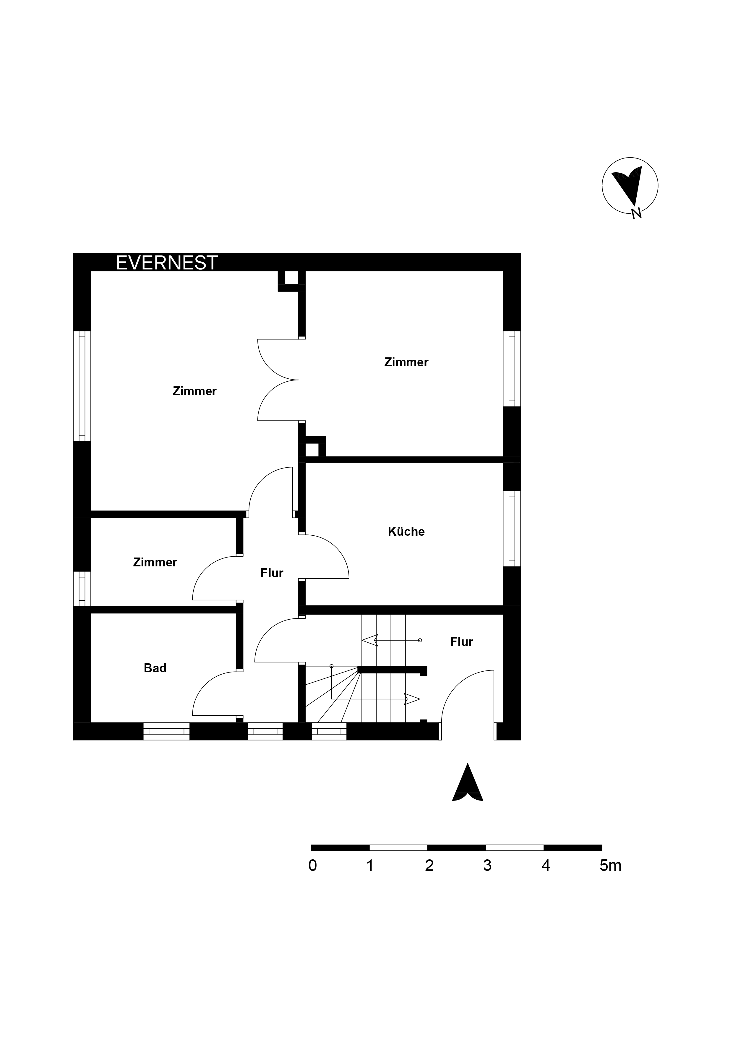 Grundriss mit drei Zimmern, Küche, Bad und zwei Fluren sowie Treppe.