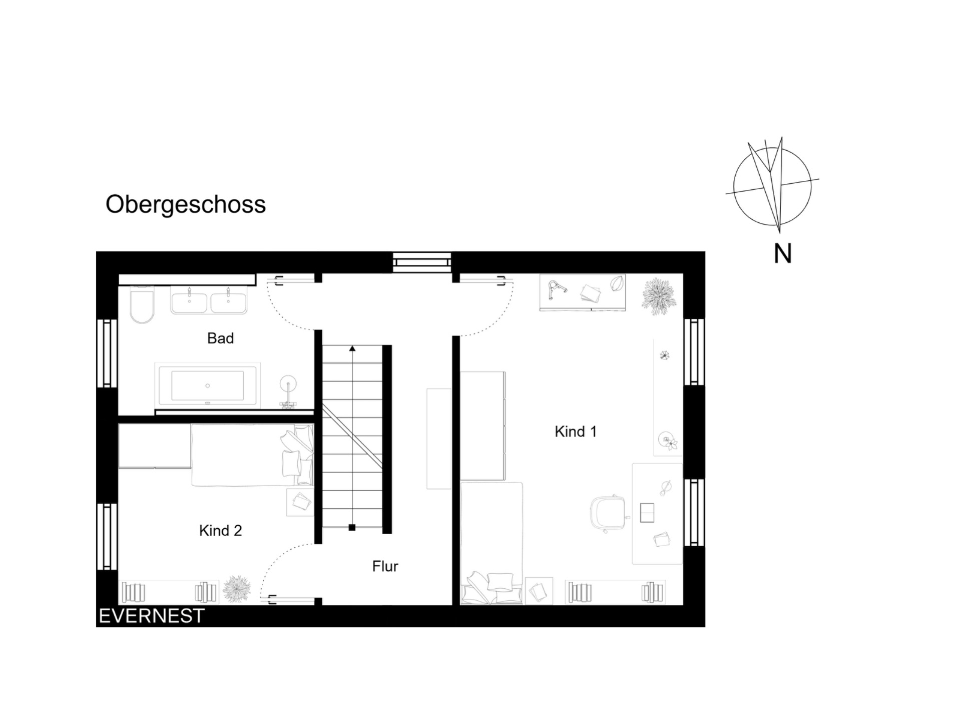 Grundriss des Obergeschosses mit Bad, Flur und zwei Kinderzimmern.