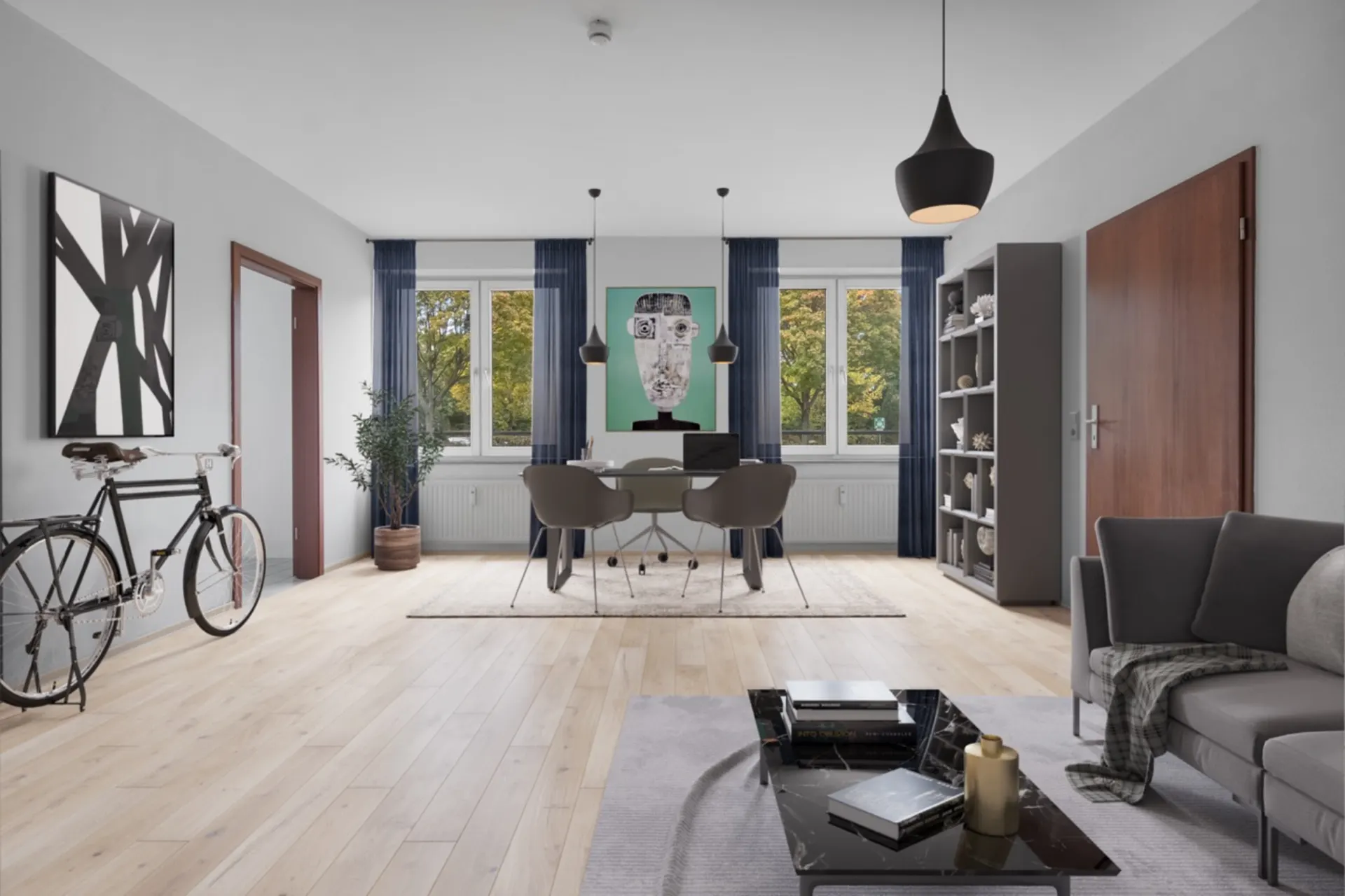 Modernes Wohnzimmer mit Sofa, Couchtisch, Schreibtisch, Bücherregal und Fahrrad auf hellem Holzboden.