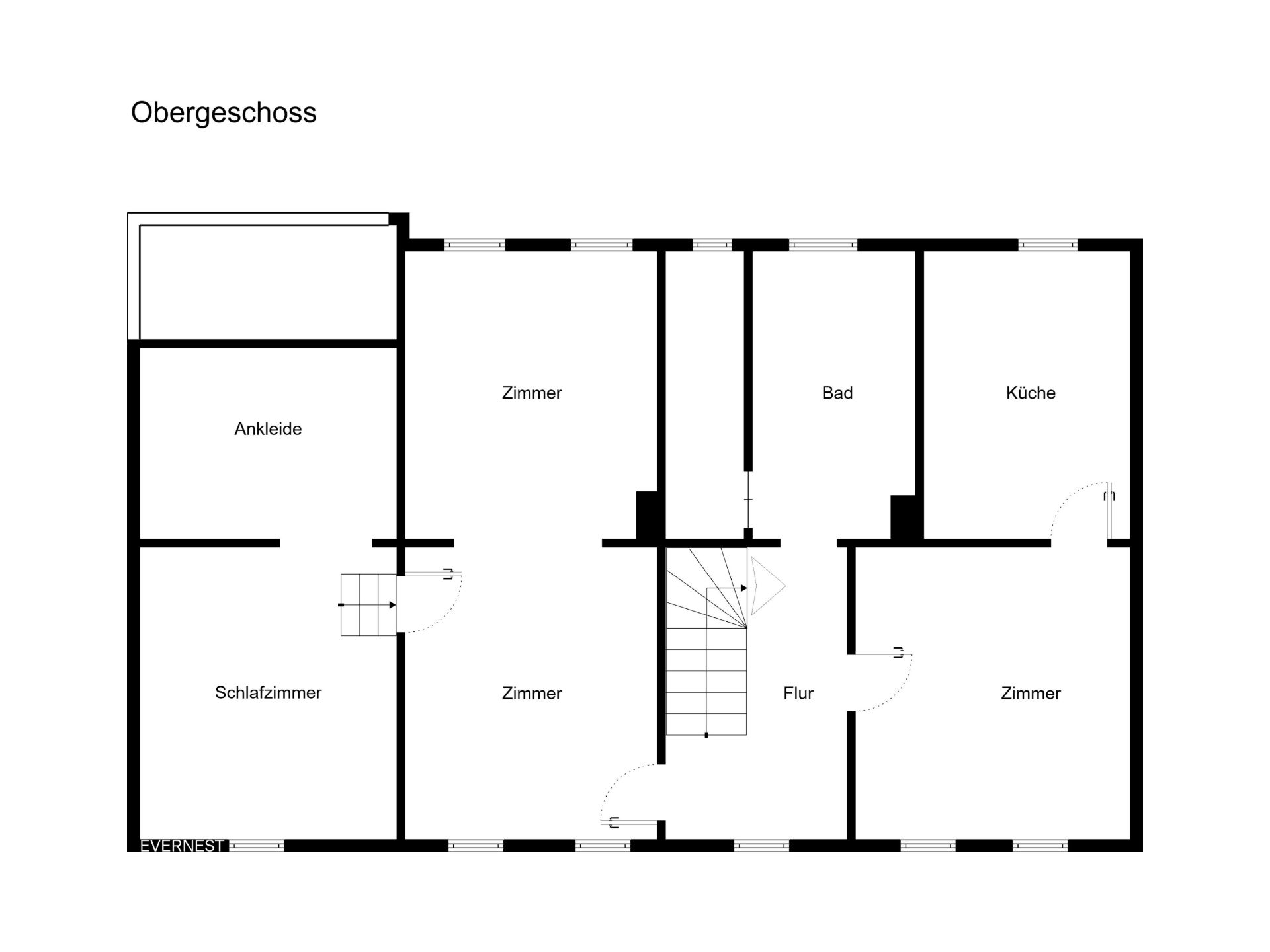 Grundriss des Obergeschosses mit Schlafzimmer, Ankleide, Bad, Küche, Flur und mehreren Zimmern.