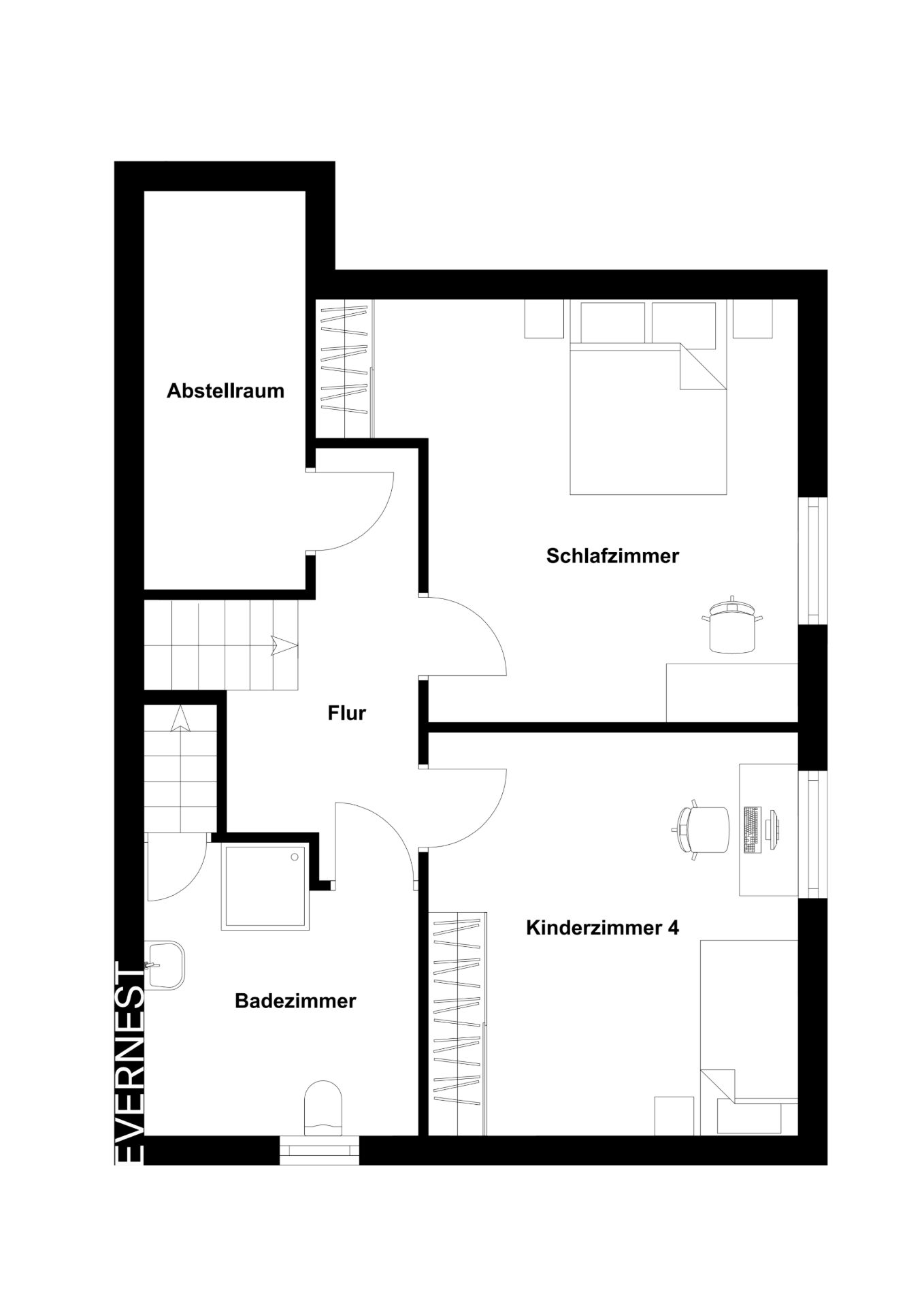 Grundriss mit Schlafzimmer, Kinderzimmer, Badezimmer, Abstellraum und Flur.