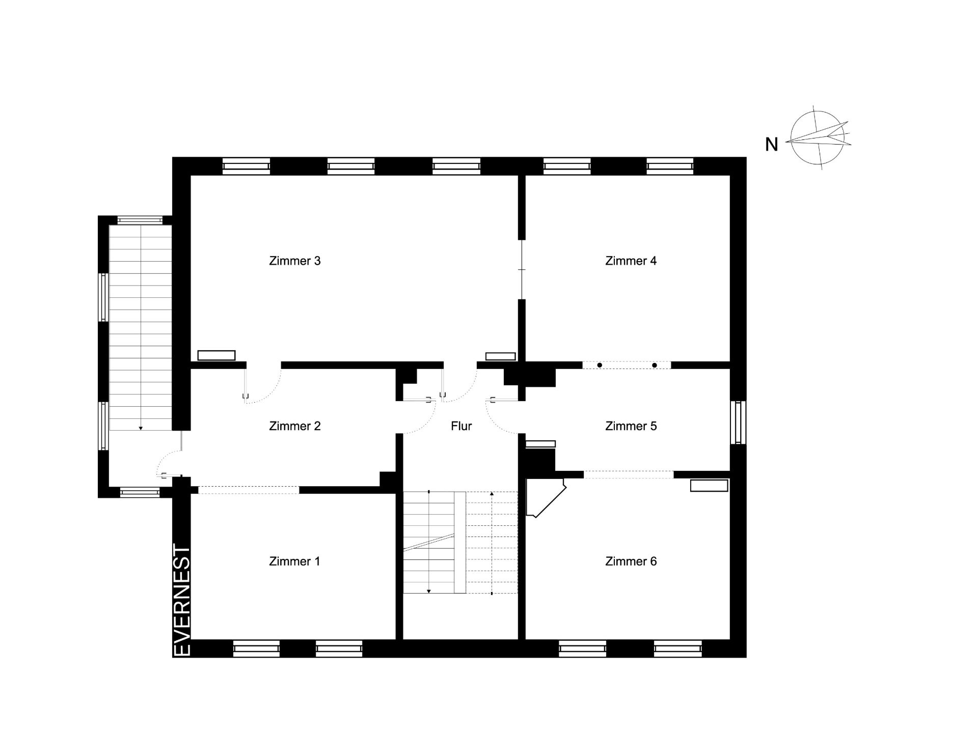 Grundriss mit sechs Zimmern und Flur, Treppe in der Mitte.