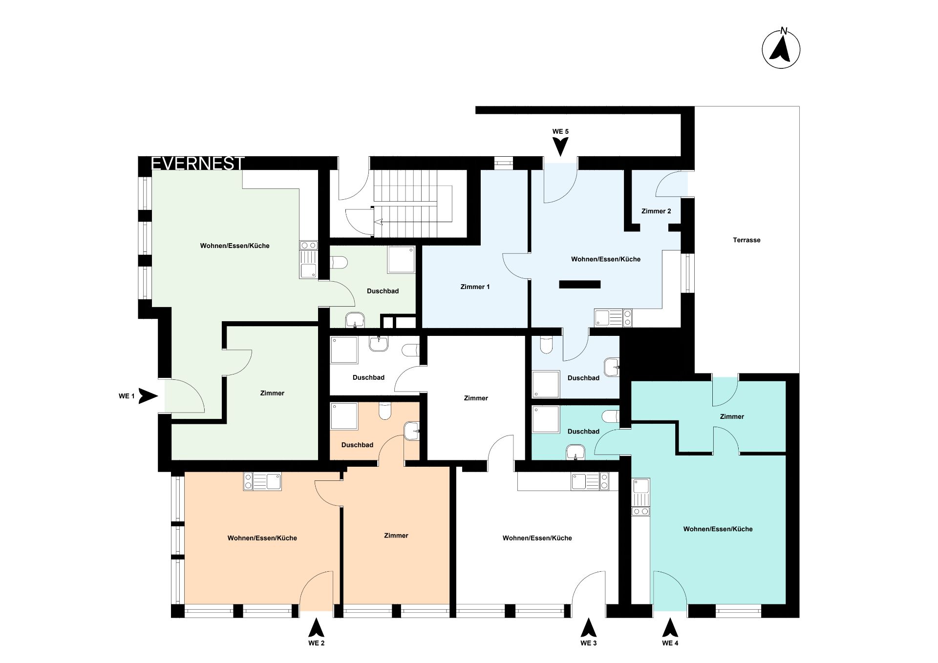 Grundriss mit mehreren Wohnungen, Zimmern, Duschbädern und einer Terrasse.