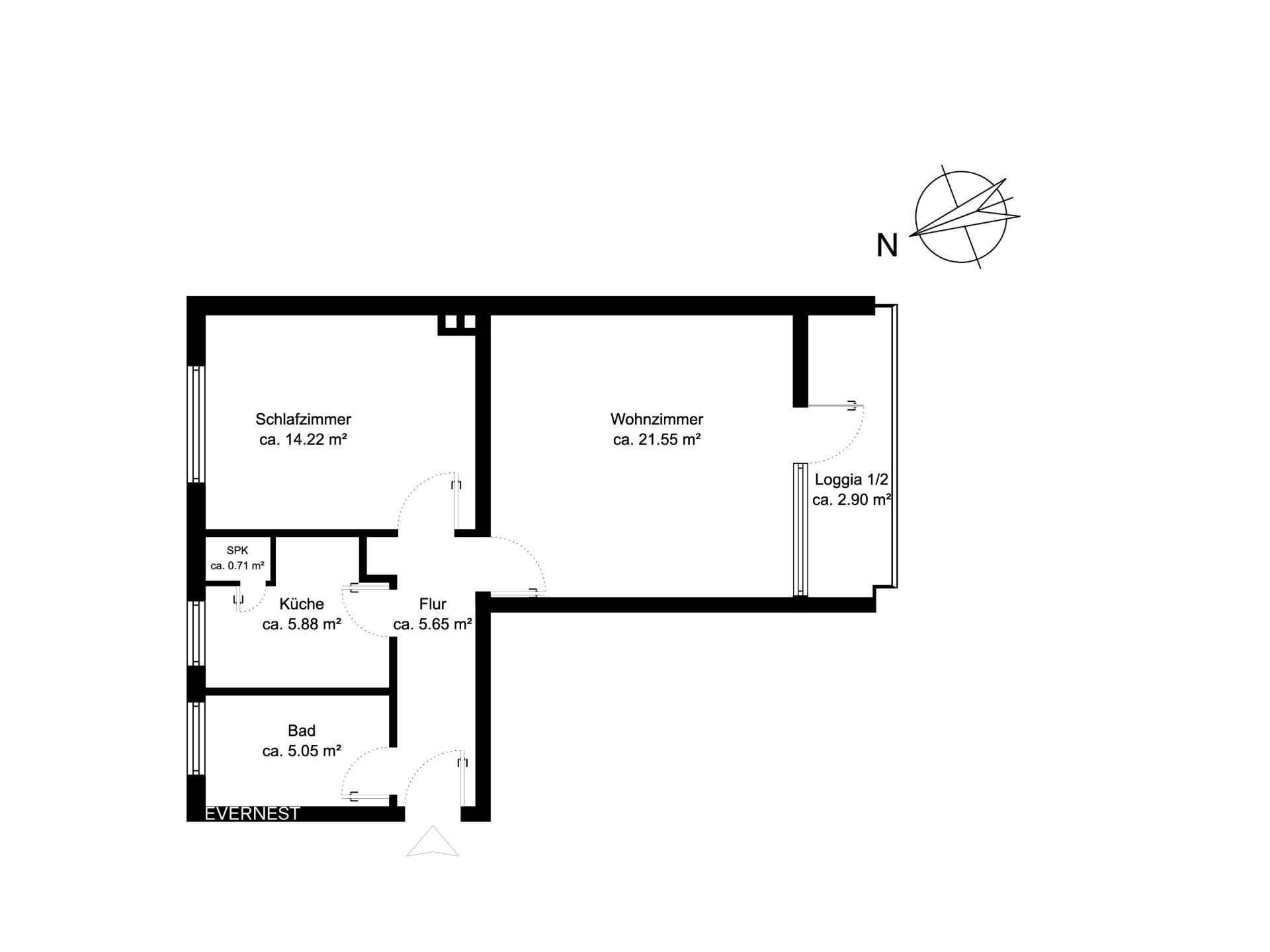 Grundriss einer Wohnung mit Schlafzimmer, Wohnzimmer, Küche, Bad, Flur und Loggia.