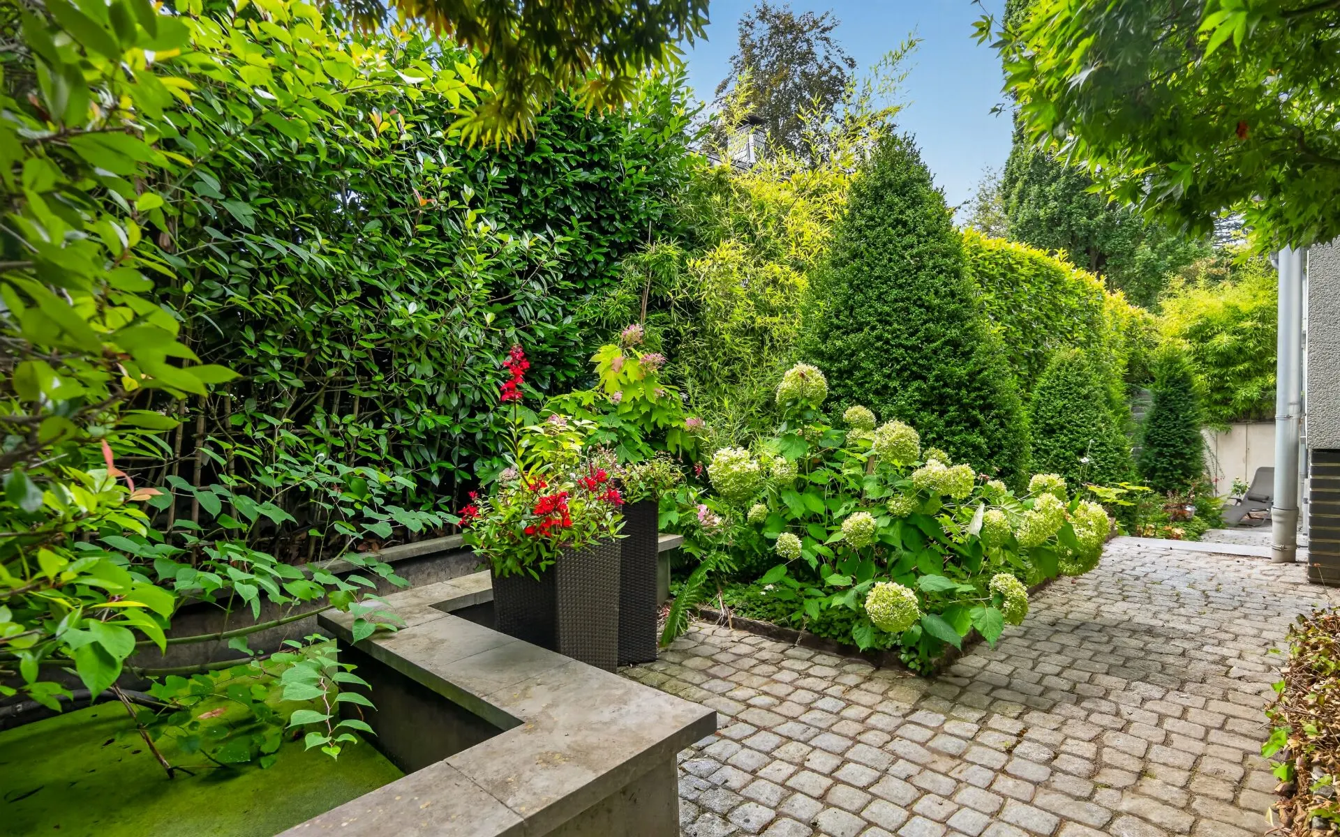 Gepflasterter Innenhof mit Pflanzen, Sträuchern und kleinem Teich neben einem Wohnhaus.