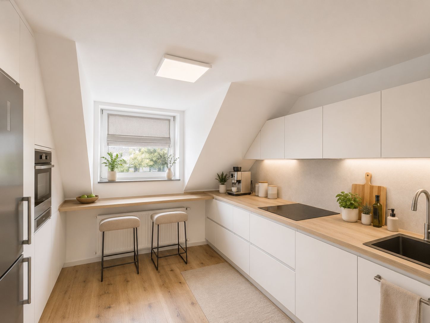 Moderne Küche mit weißen Schränken, Holzarbeitsplatten und zwei Hockern am Fenster.