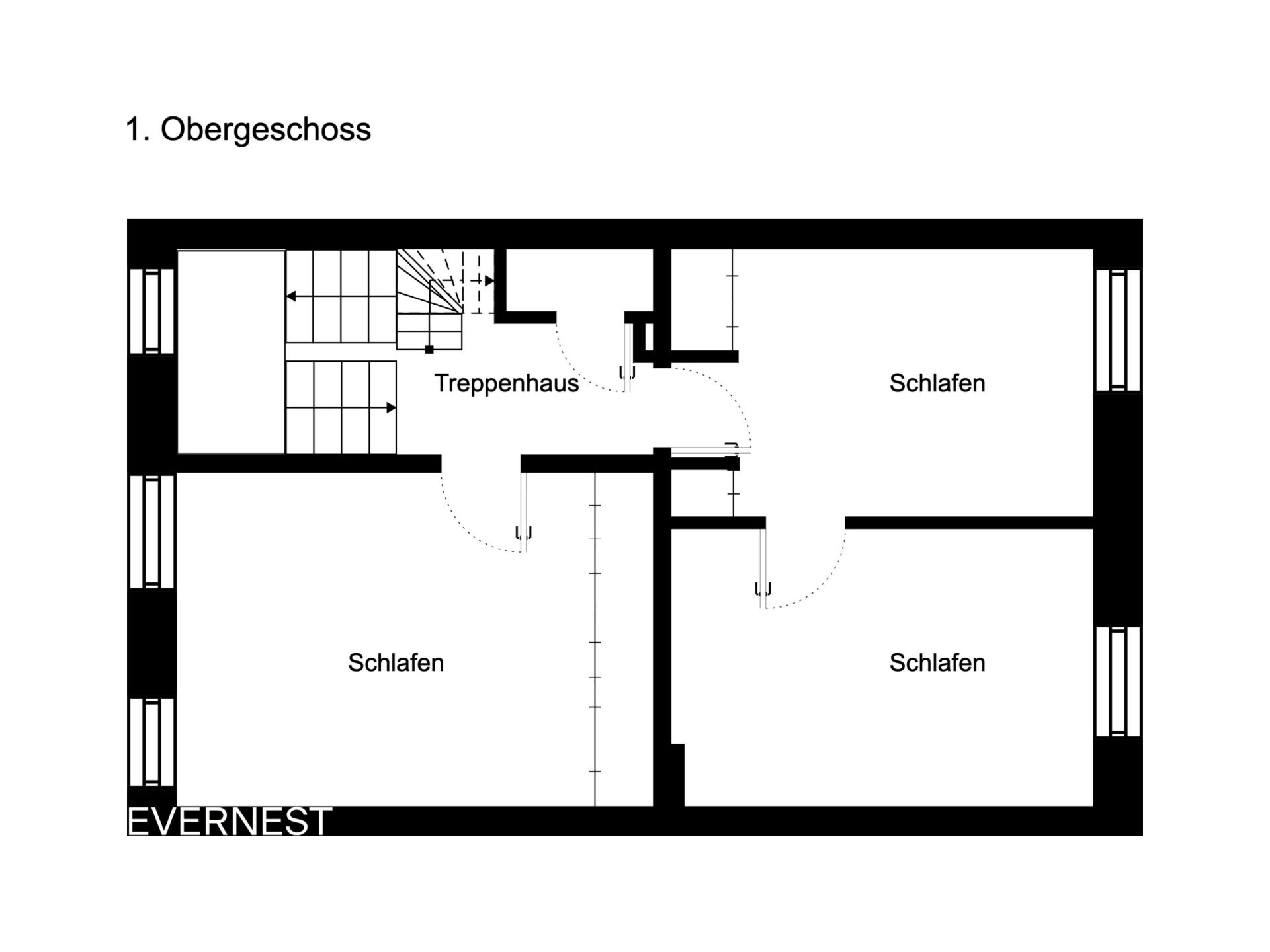 Grundriss des ersten Obergeschosses mit Treppenhaus und drei Schlafzimmern.
