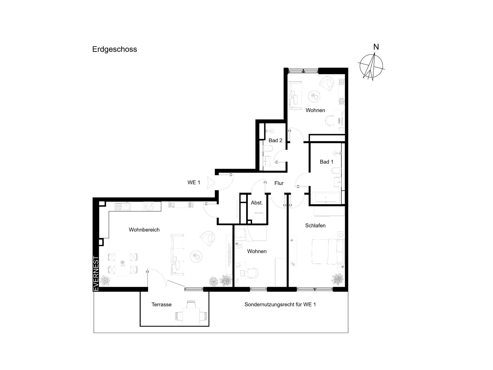 Grundriss einer Wohnung im Erdgeschoss mit Wohnbereich, Schlafzimmer, zwei Bädern und Terrasse.