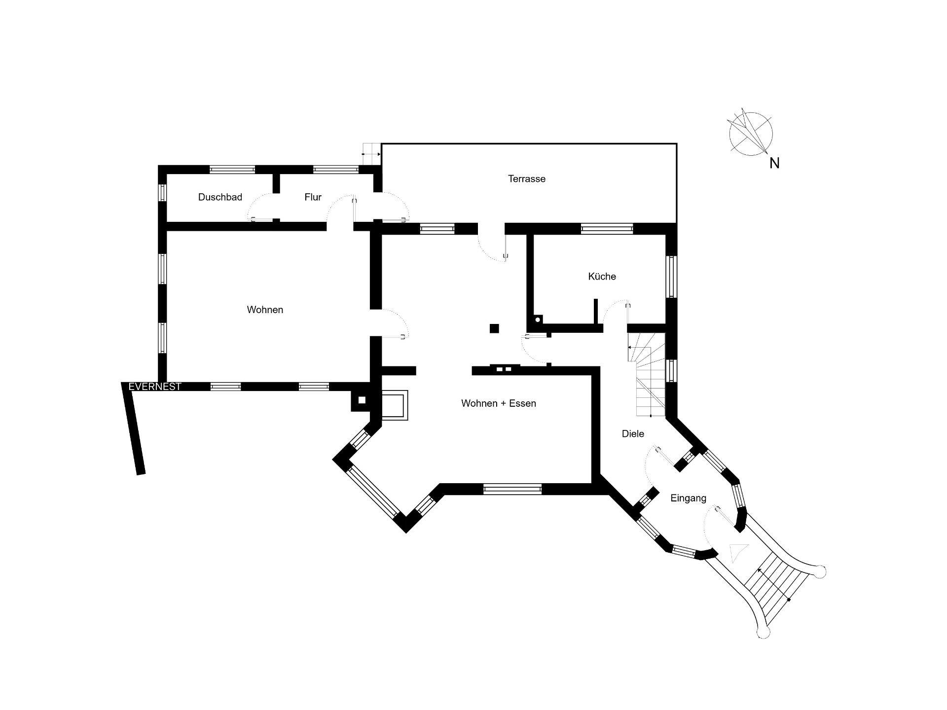 Grundriss einer Wohnung mit Wohnzimmer, Küche, Bad, Flur, Diele, Terrasse und Eingang.