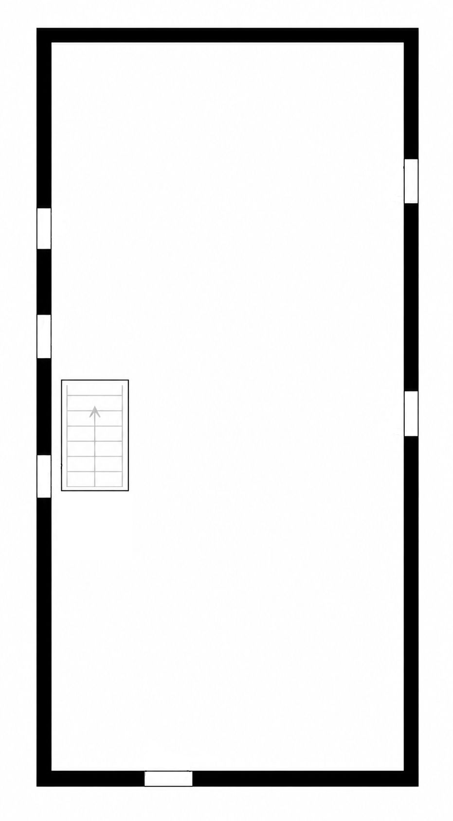 Einfacher Grundriss eines rechteckigen Raums mit einer Treppe an der linken Wand.