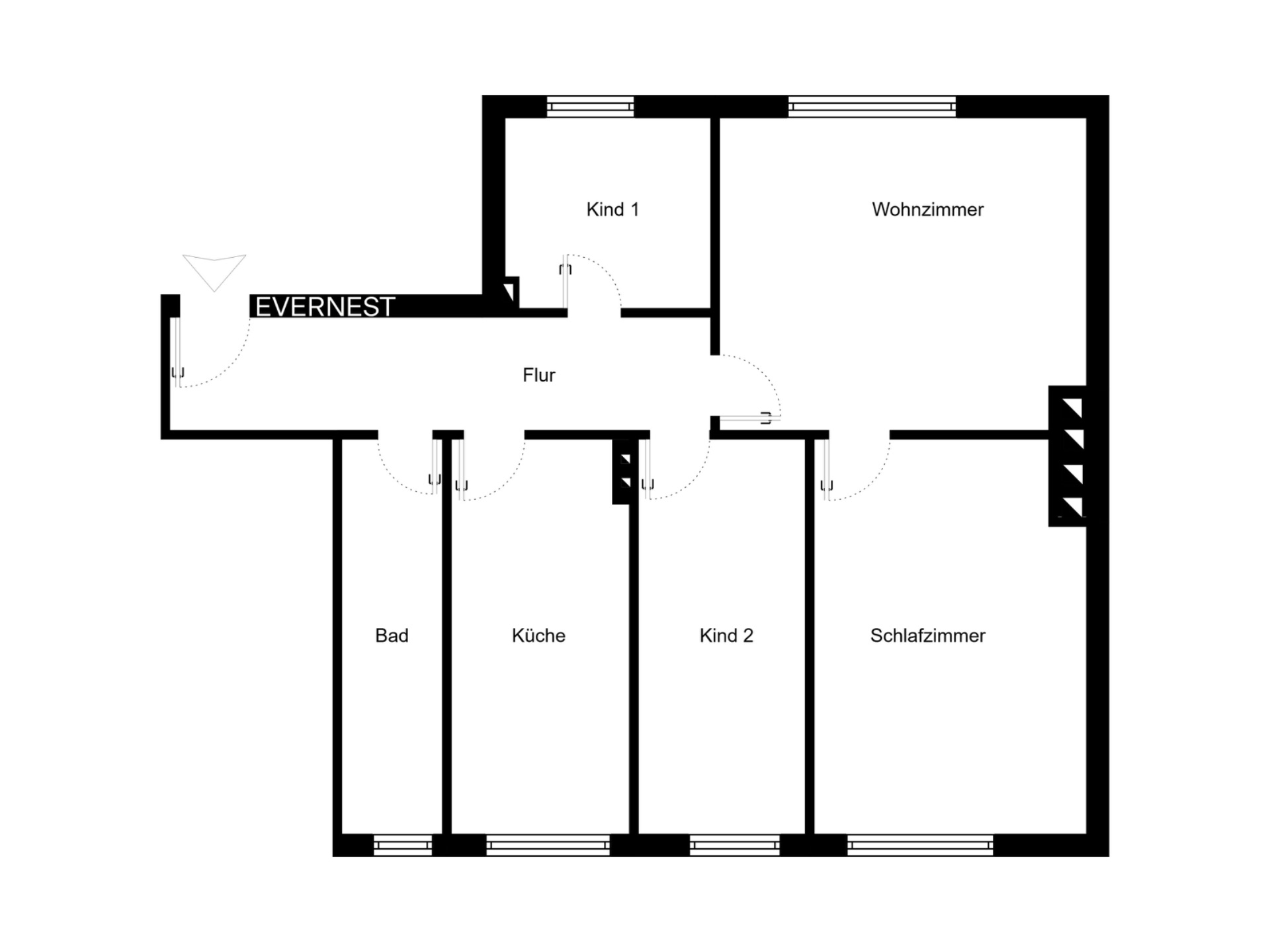 Grundriss einer Wohnung mit Wohnzimmer, Schlafzimmer, zwei Kinderzimmern, Küche, Bad und Flur.