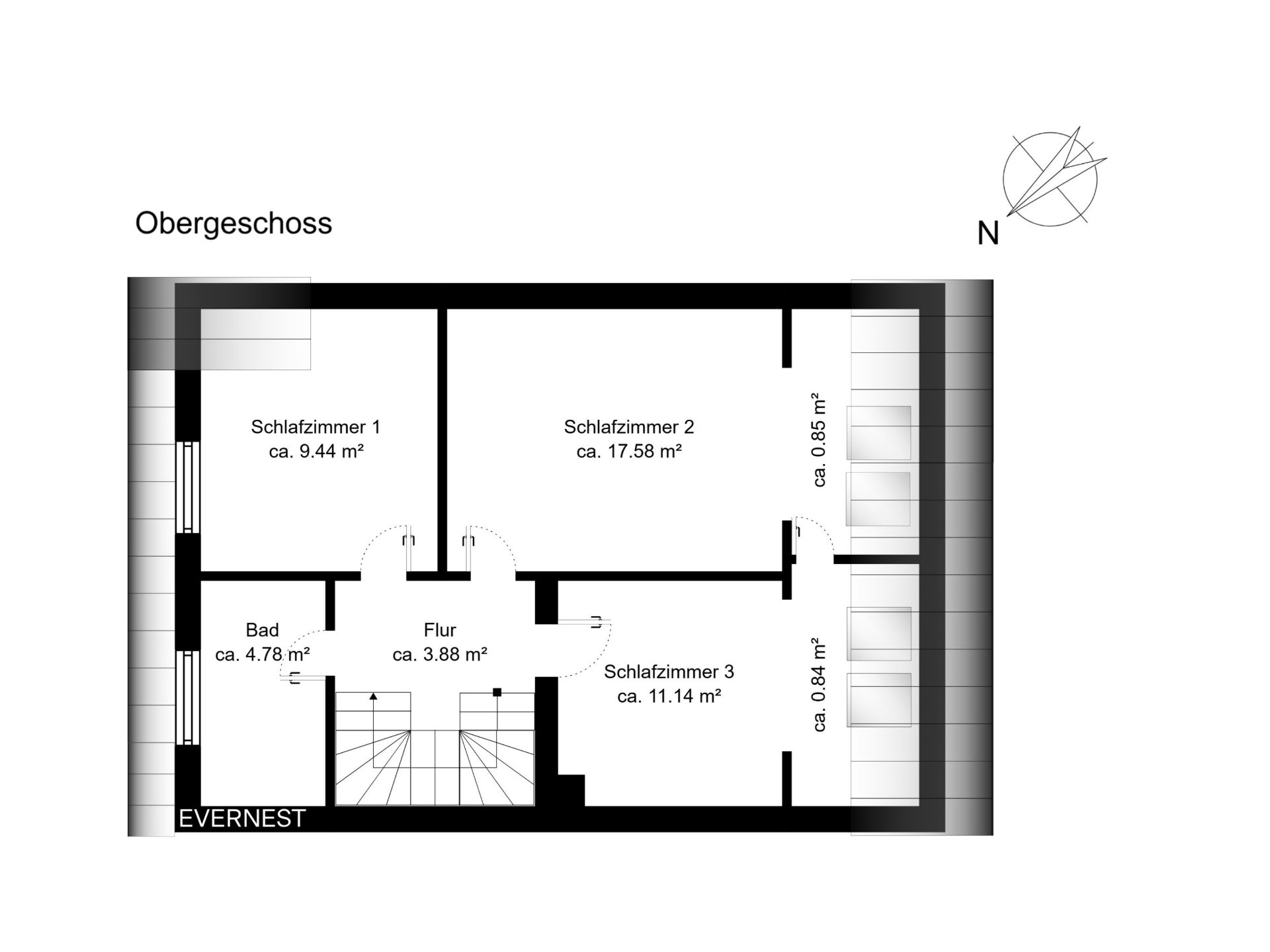 Grundriss des Obergeschosses mit drei Schlafzimmern, Bad und Flur.