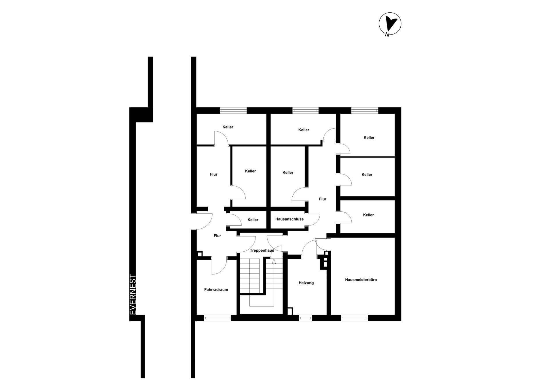 Grundriss eines Kellers mit mehreren Räumen, Fluren, Heizungsraum und Hausanschlussraum.