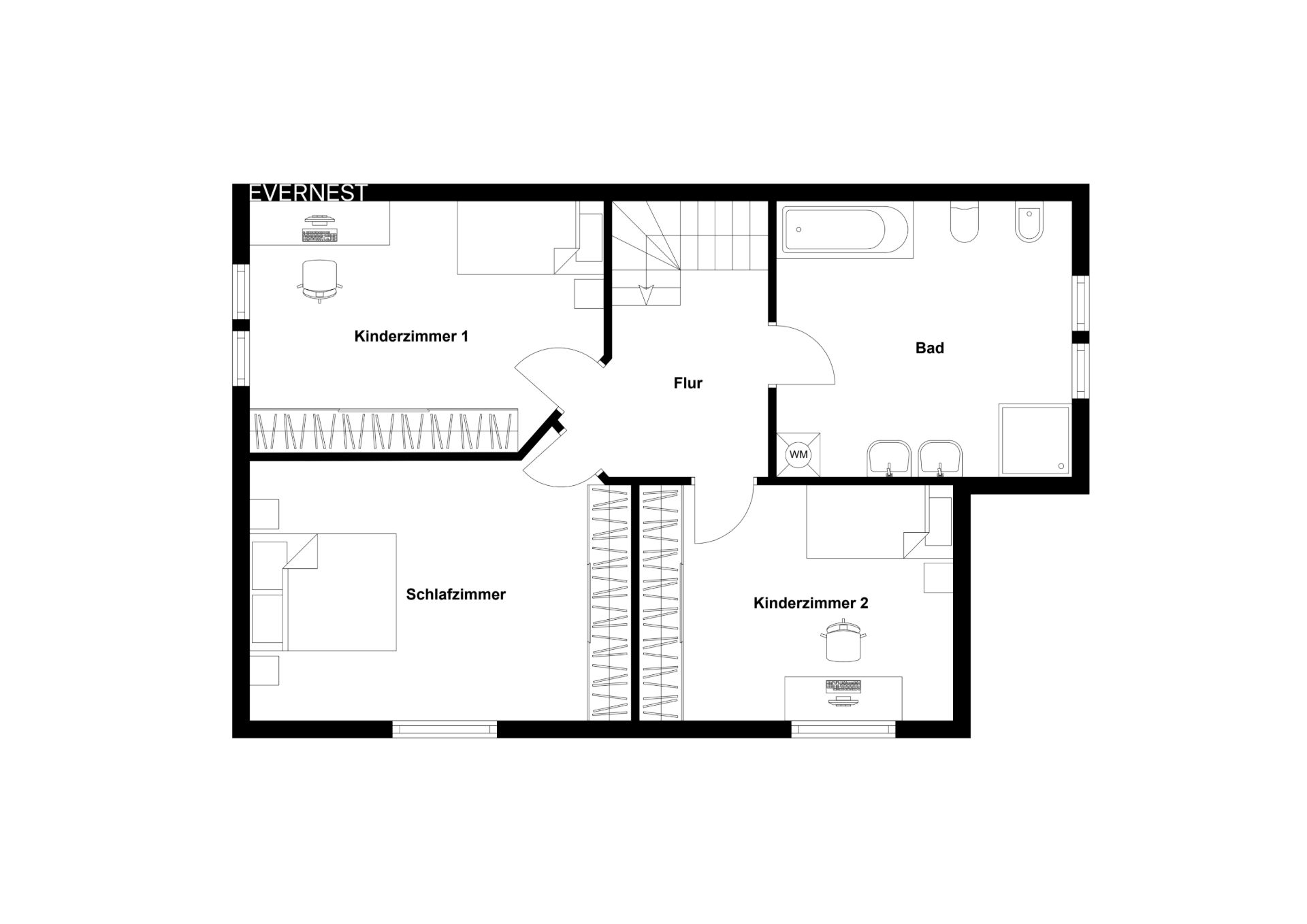 Grundriss mit Flur, Schlafzimmer, zwei Kinderzimmern und Bad.