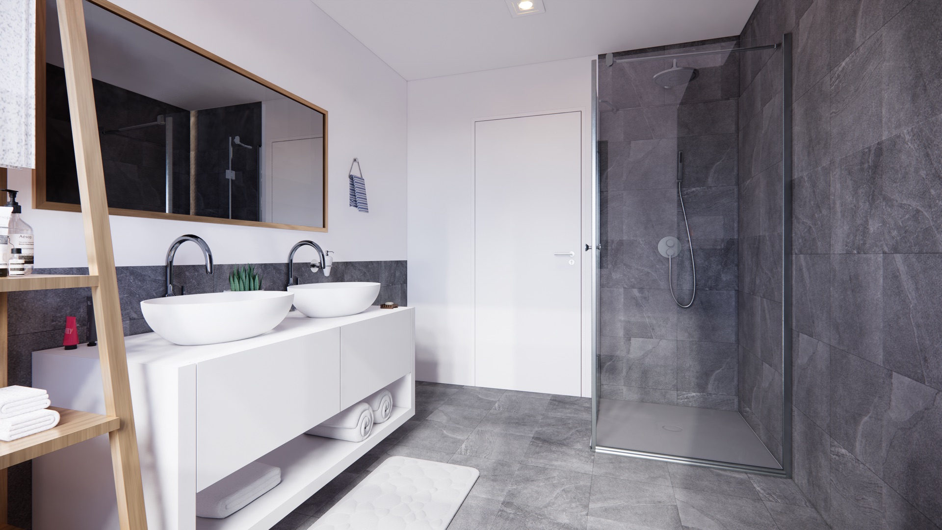 Modernes Badezimmer mit Doppelwaschbecken, großer Spiegel und begehbarer Dusche.