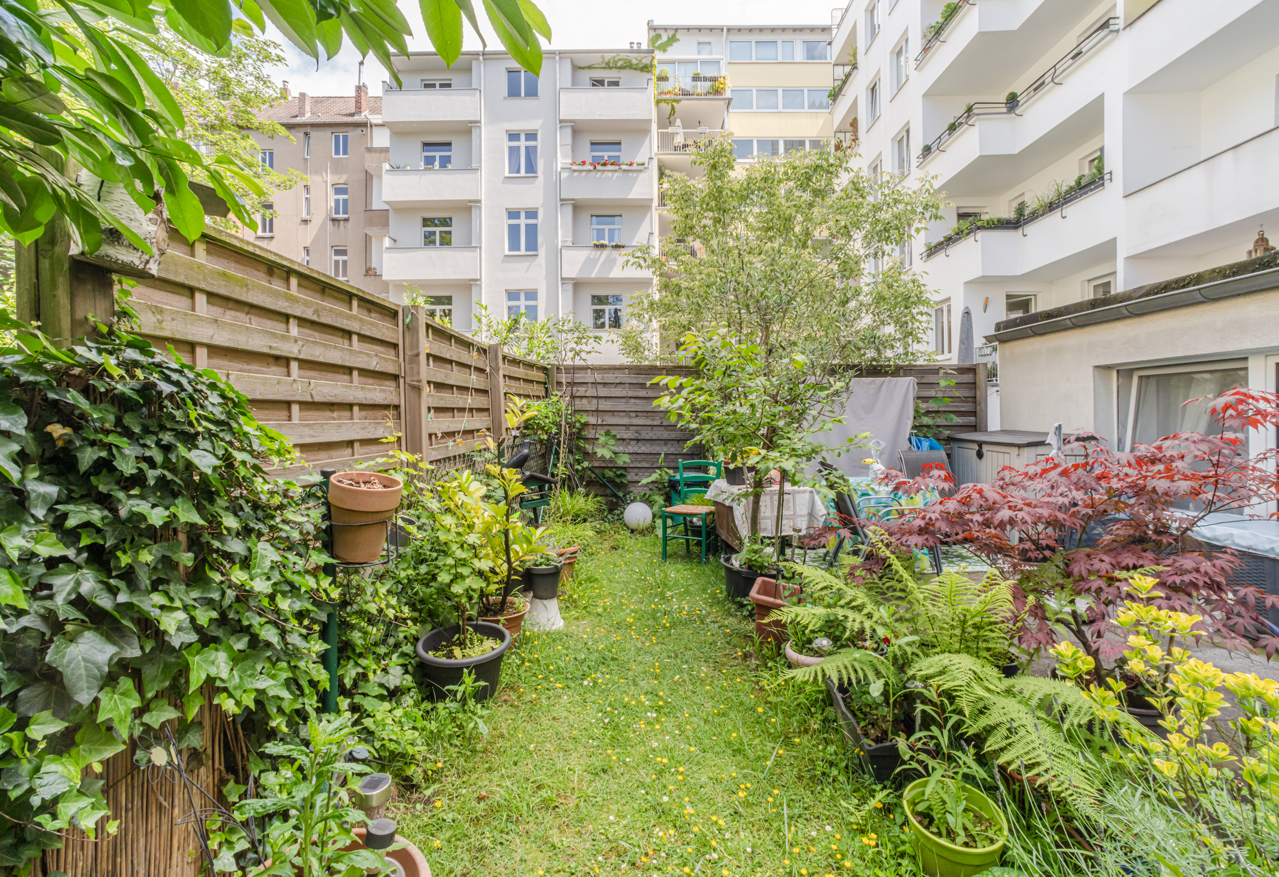 Kleiner Garten mit vielen Pflanzen, Stühlen und Tisch, umgeben von Wohngebäuden.