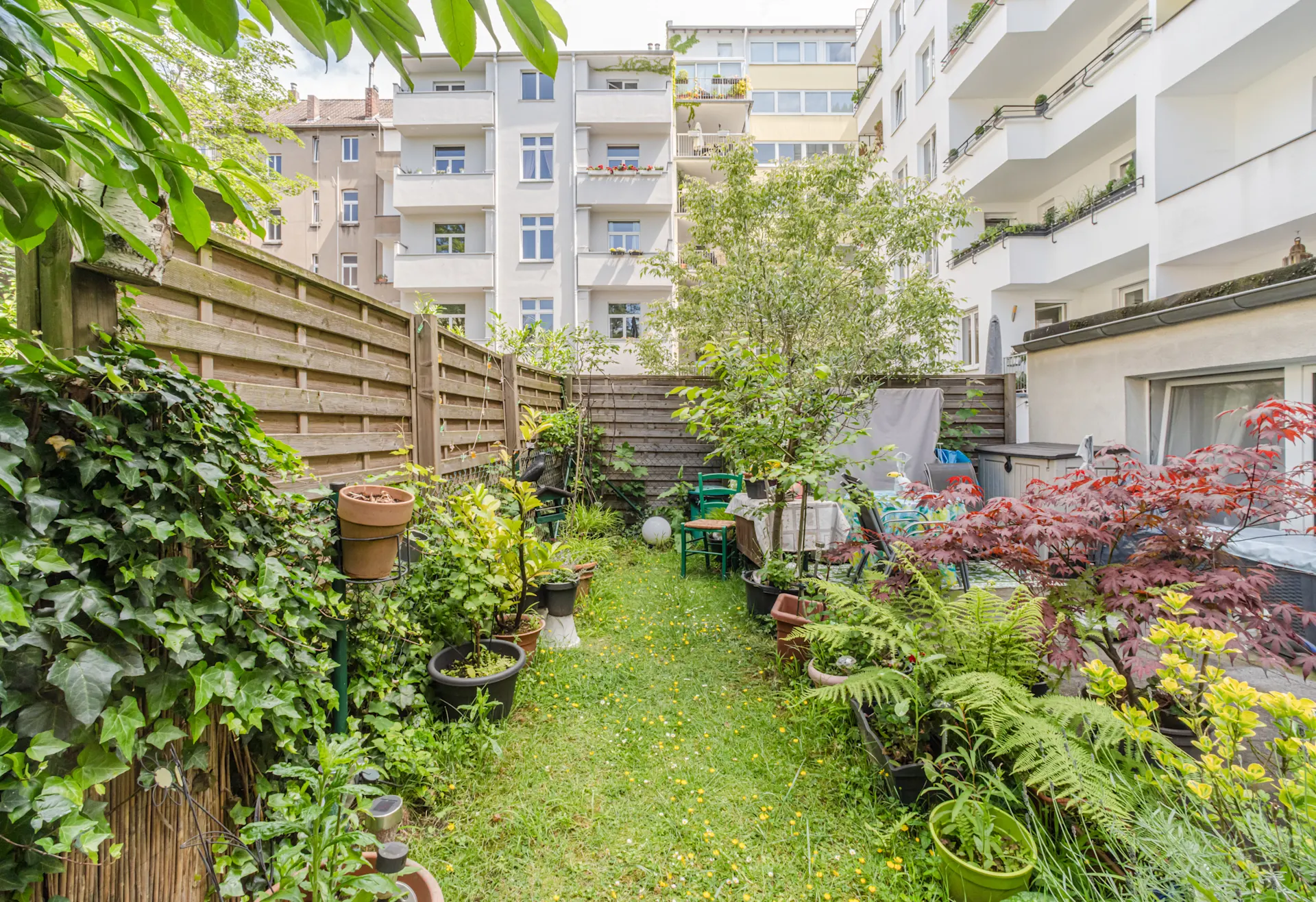 Kleiner Garten mit vielen Pflanzen, Stühlen und Tisch, umgeben von Wohngebäuden.