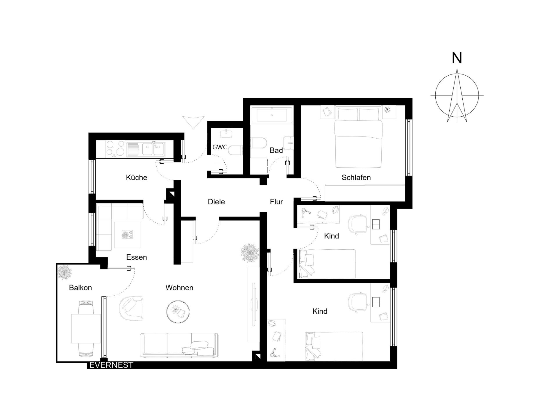 Grundriss einer Wohnung mit drei Schlafzimmern, Wohnzimmer, Küche, Bad und Balkon.