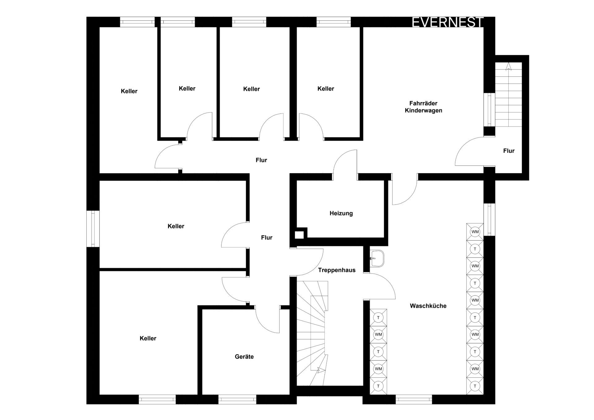 Grundriss eines Kellers mit mehreren Kellerräumen, Waschküche, Heizungsraum und Fahrradraum.