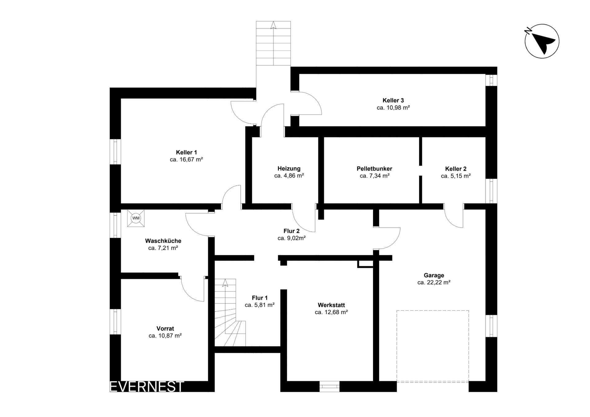 Grundriss eines Kellers mit Räumen wie Werkstatt, Garage, Vorrat, Waschküche und Heizung.