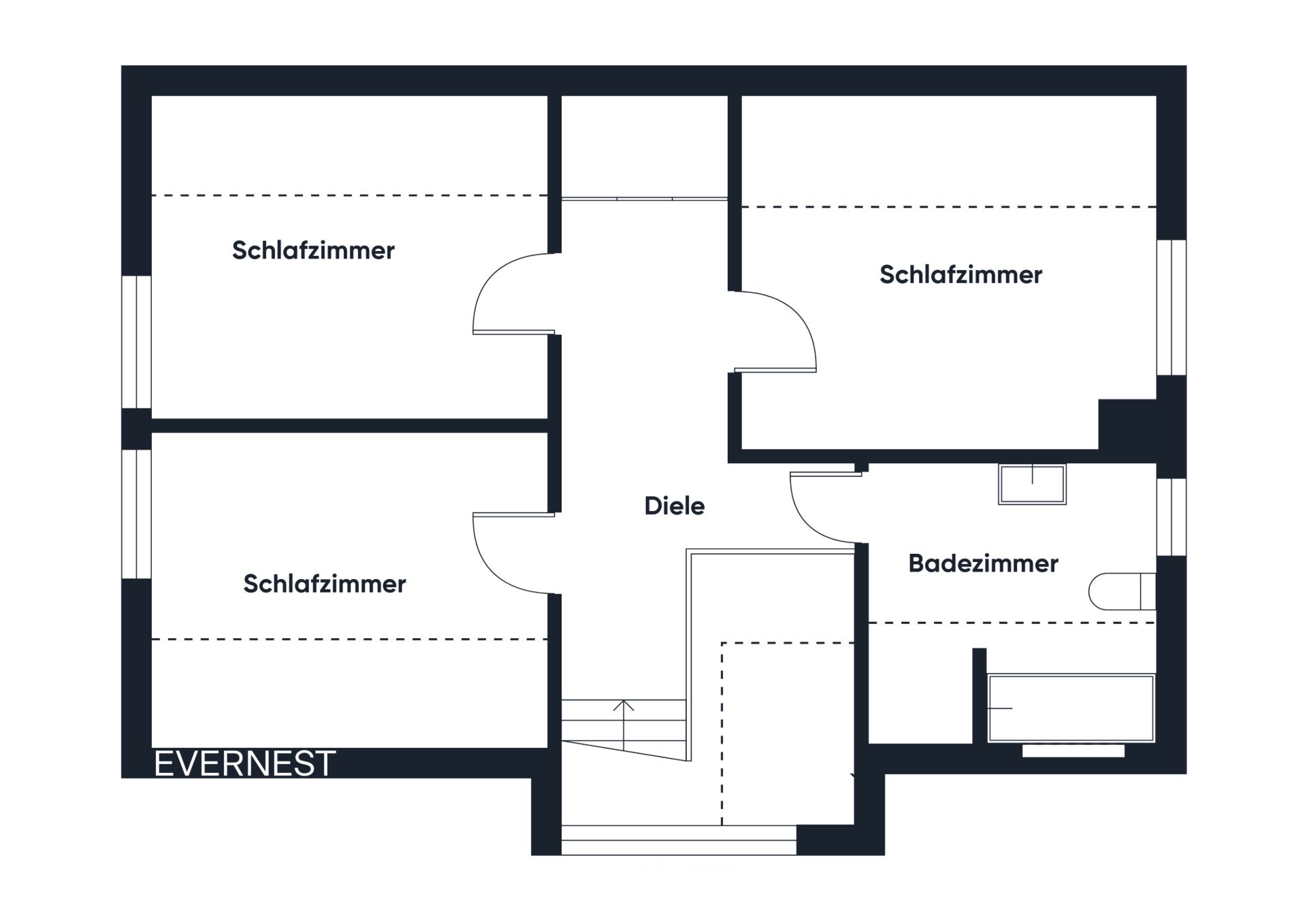 Grundriss mit drei Schlafzimmern, Diele und Badezimmer.