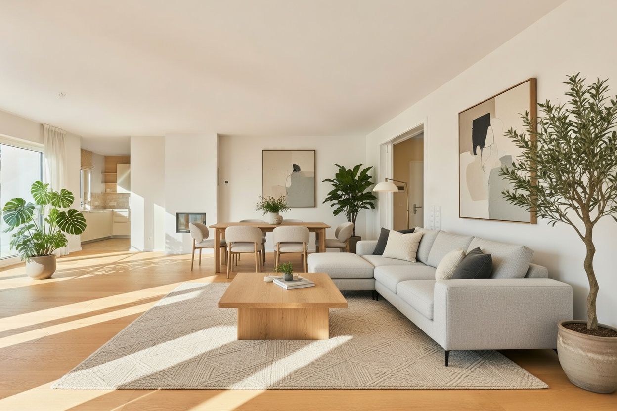 Helles Wohnzimmer mit Sofa, Holztisch, Esstisch, Pflanzen und großen Fenstern.