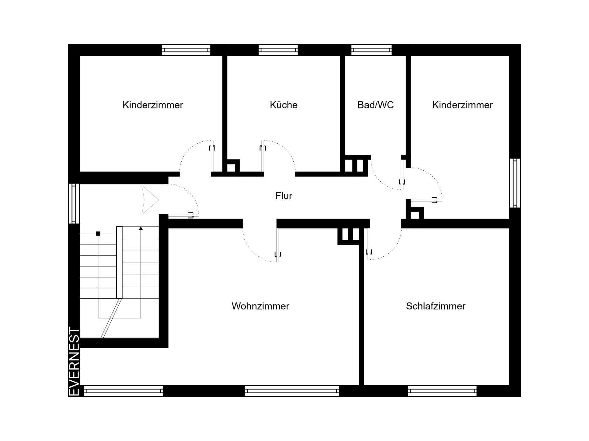 Grundriss mit Wohnzimmer, Schlafzimmer, Küche, Bad/WC, zwei Kinderzimmern und Flur.