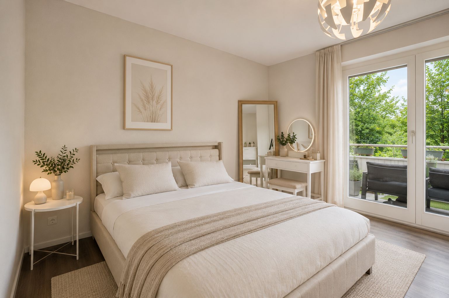 Helles Schlafzimmer mit Doppelbett, Nachttisch, Schminktisch, großem Fenster und Balkonblick ins Grüne.