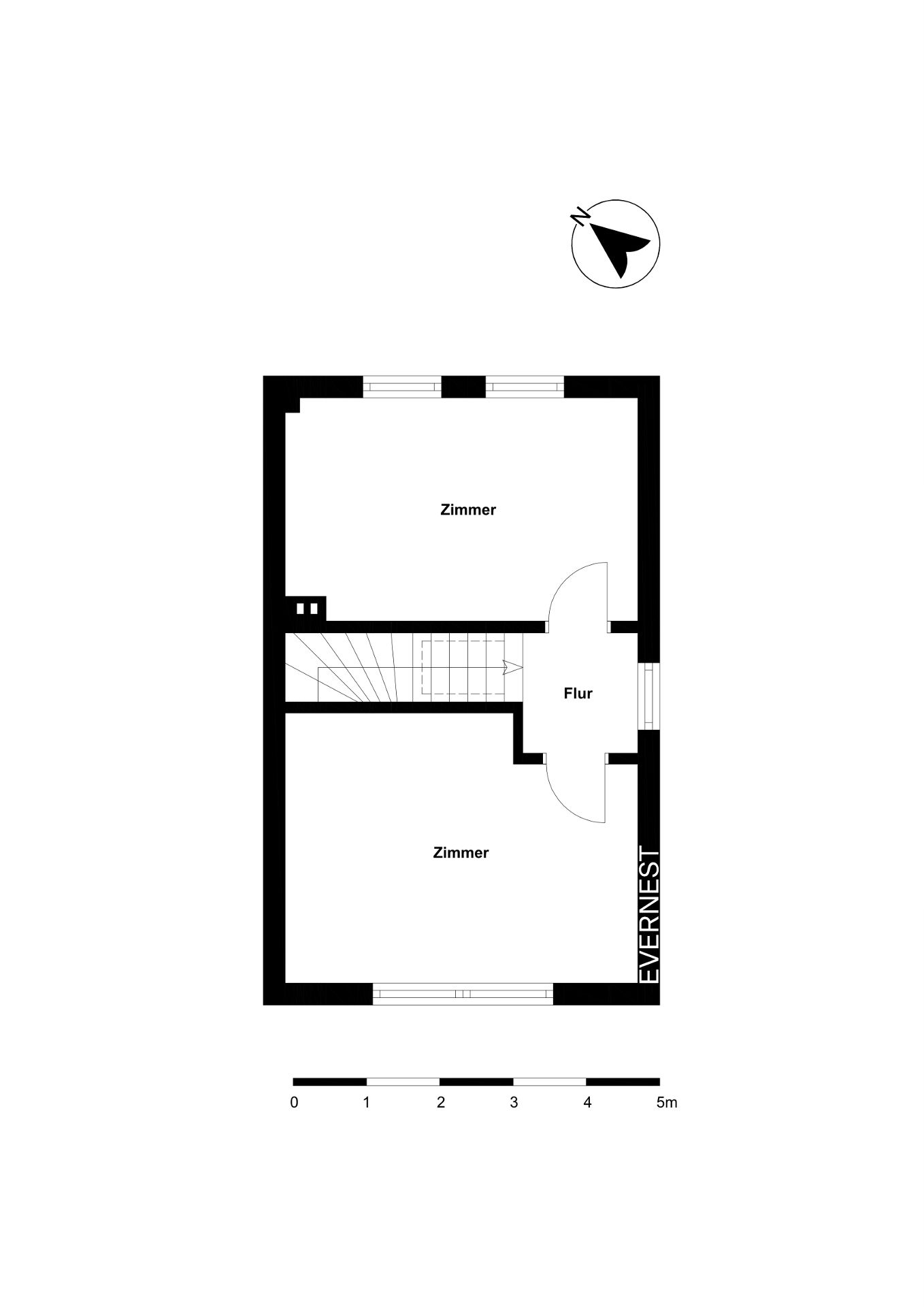 Grundriss mit zwei Zimmern, Flur und Treppe, Maßstab unten.