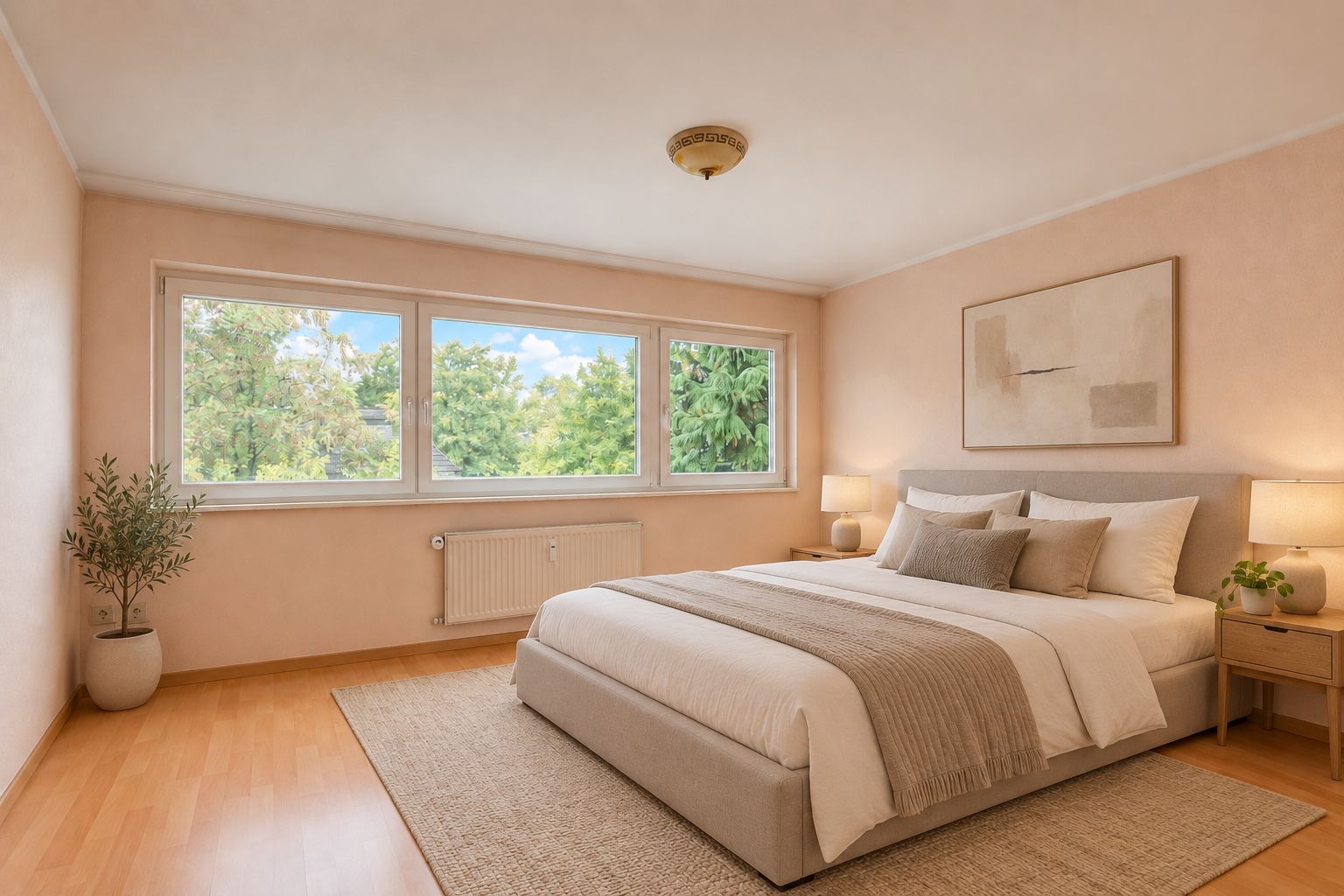 Helles Schlafzimmer mit großem Bett, Teppich, Nachttischen und drei Fenstern mit Blick ins Grüne.