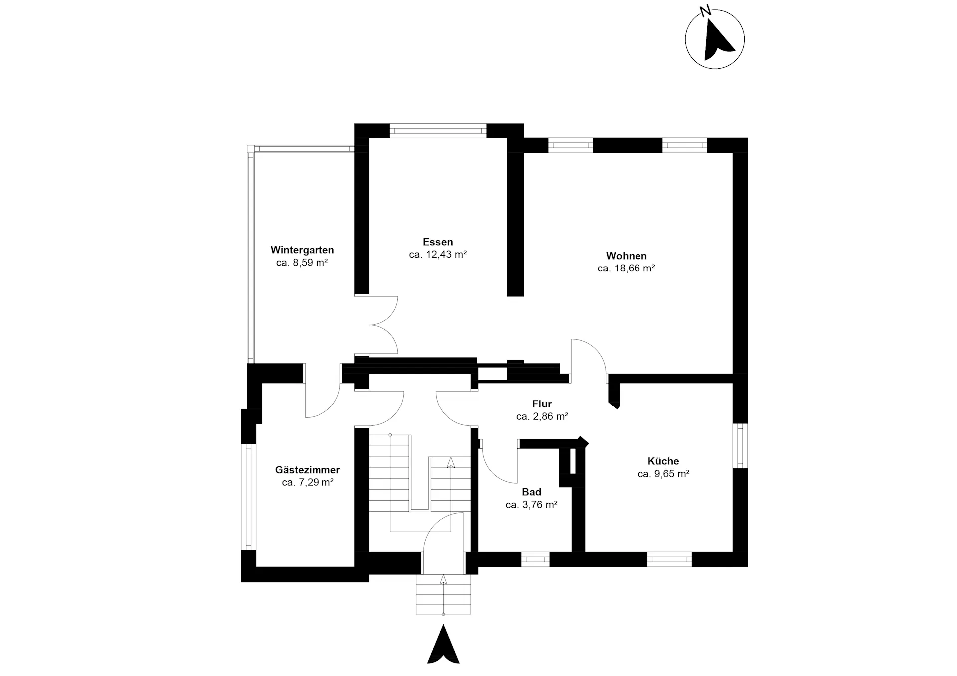 Grundriss mit Wintergarten, Esszimmer, Wohnzimmer, Gästezimmer, Küche, Bad und Flur.