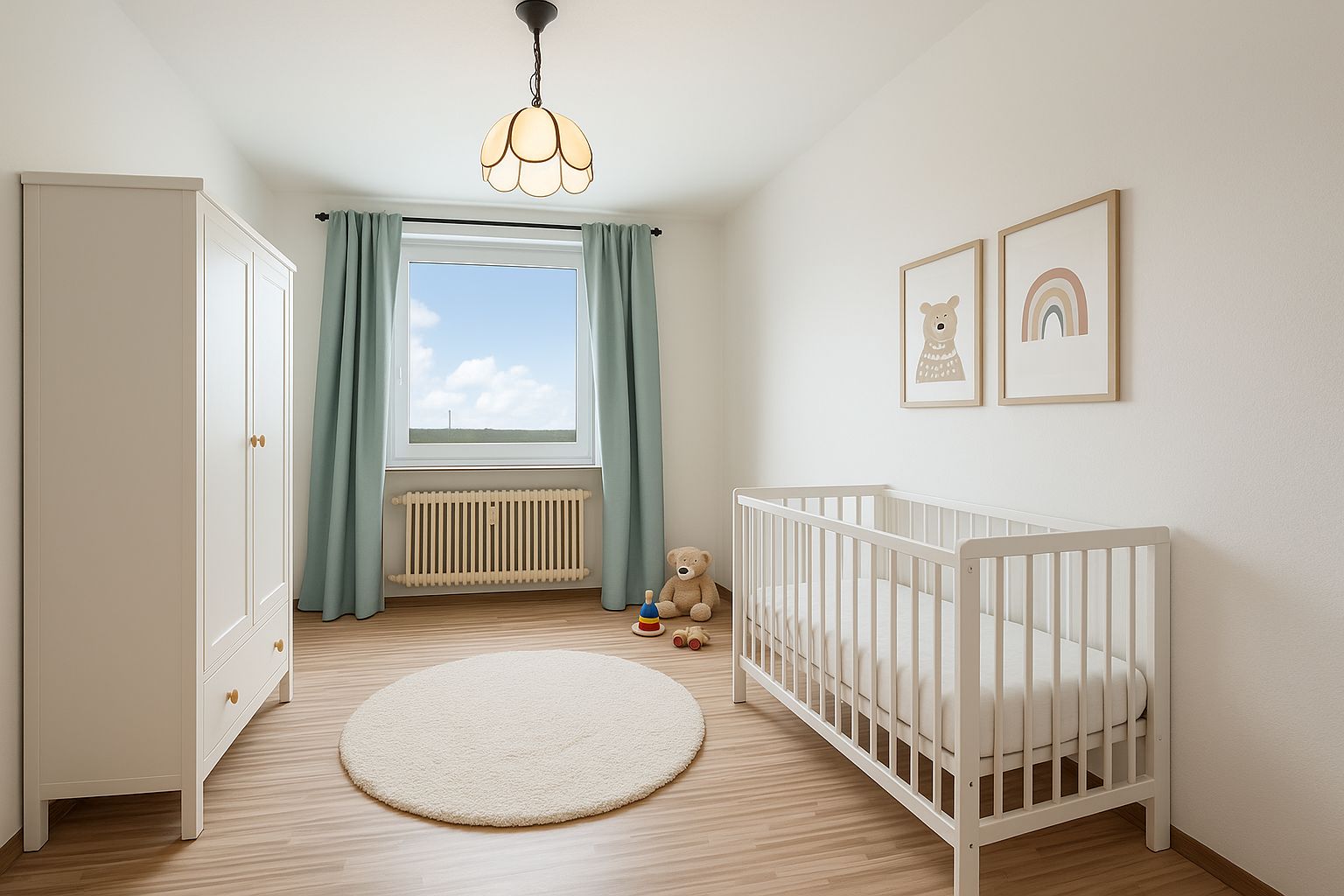 Helles Kinderzimmer mit Gitterbett, Kleiderschrank, Spielzeug und Fenster mit blauen Vorhängen.