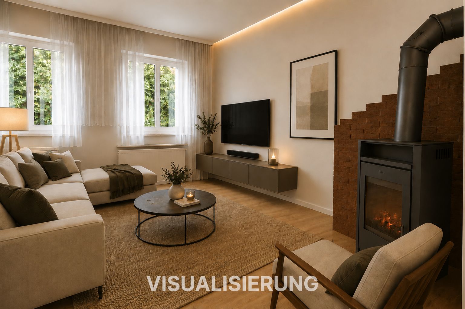 Modernes Wohnzimmer mit Ecksofa, Kamin, Couchtisch und großen Fenstern.