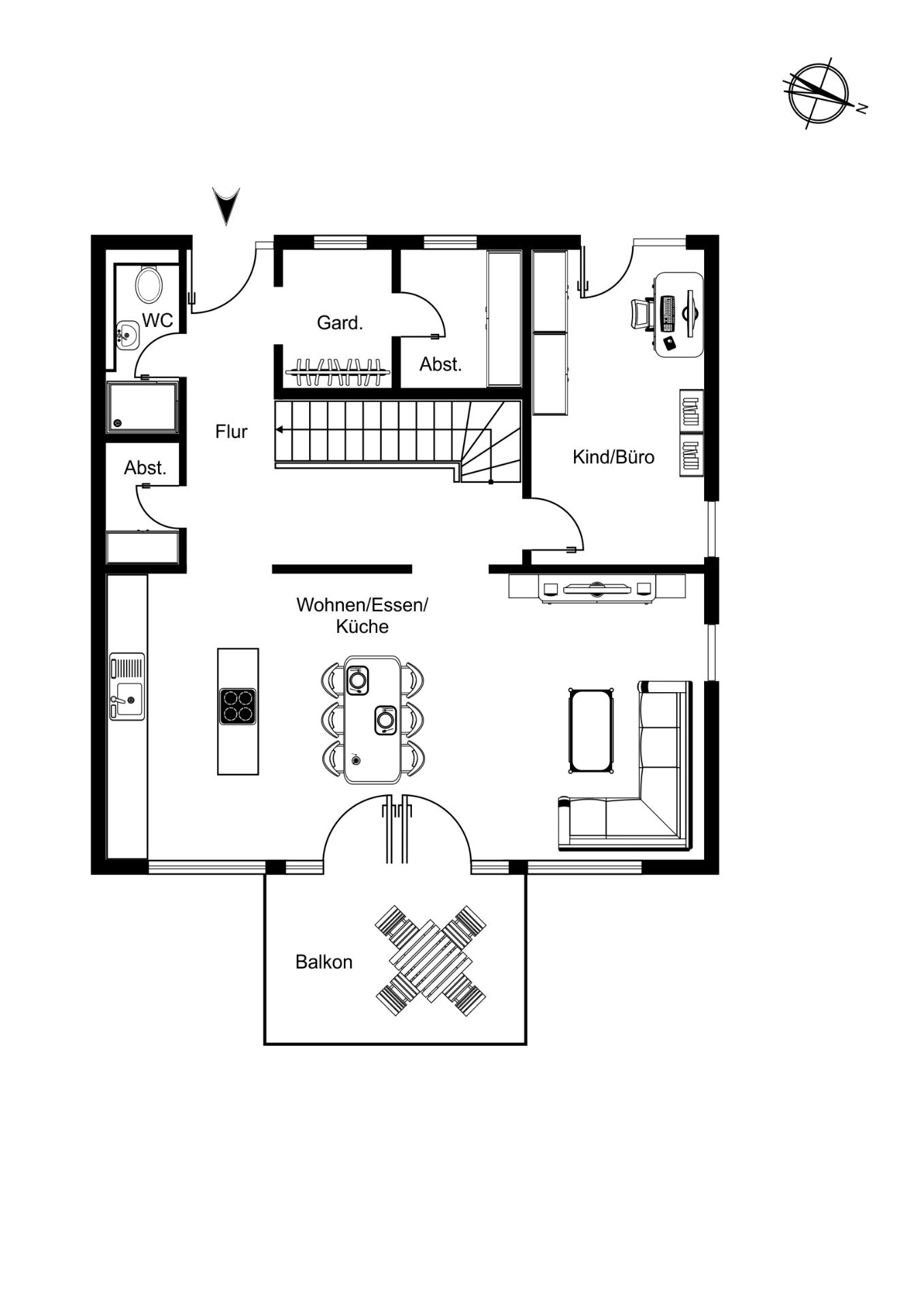 Grundriss einer Wohnung mit Wohnzimmer, Küche, WC, Arbeitszimmer und Balkon.