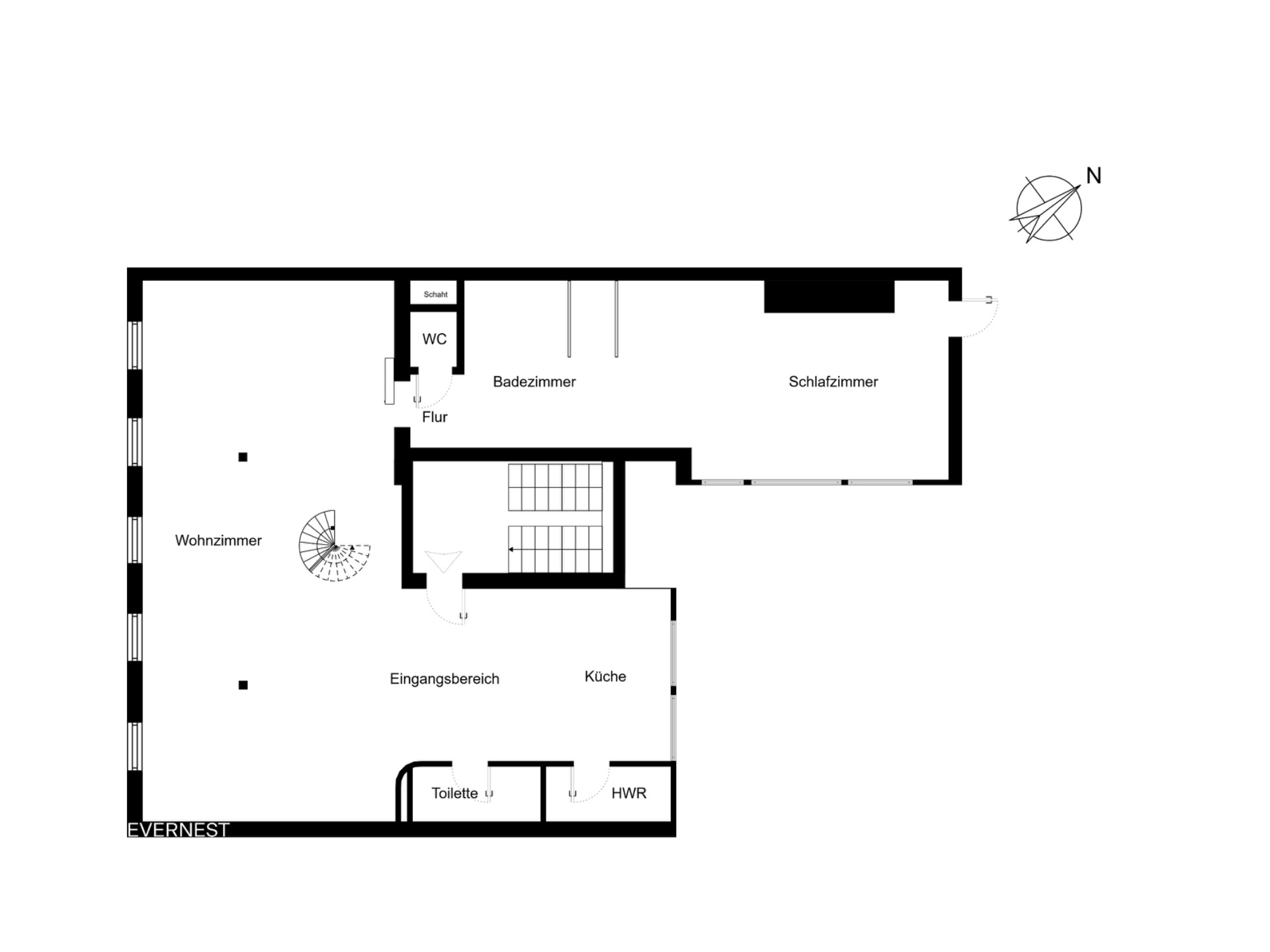 Grundriss mit Wohnzimmer, Schlafzimmer, Küche, Bad, WC, Flur, HWR, Toilette und Eingangsbereich.