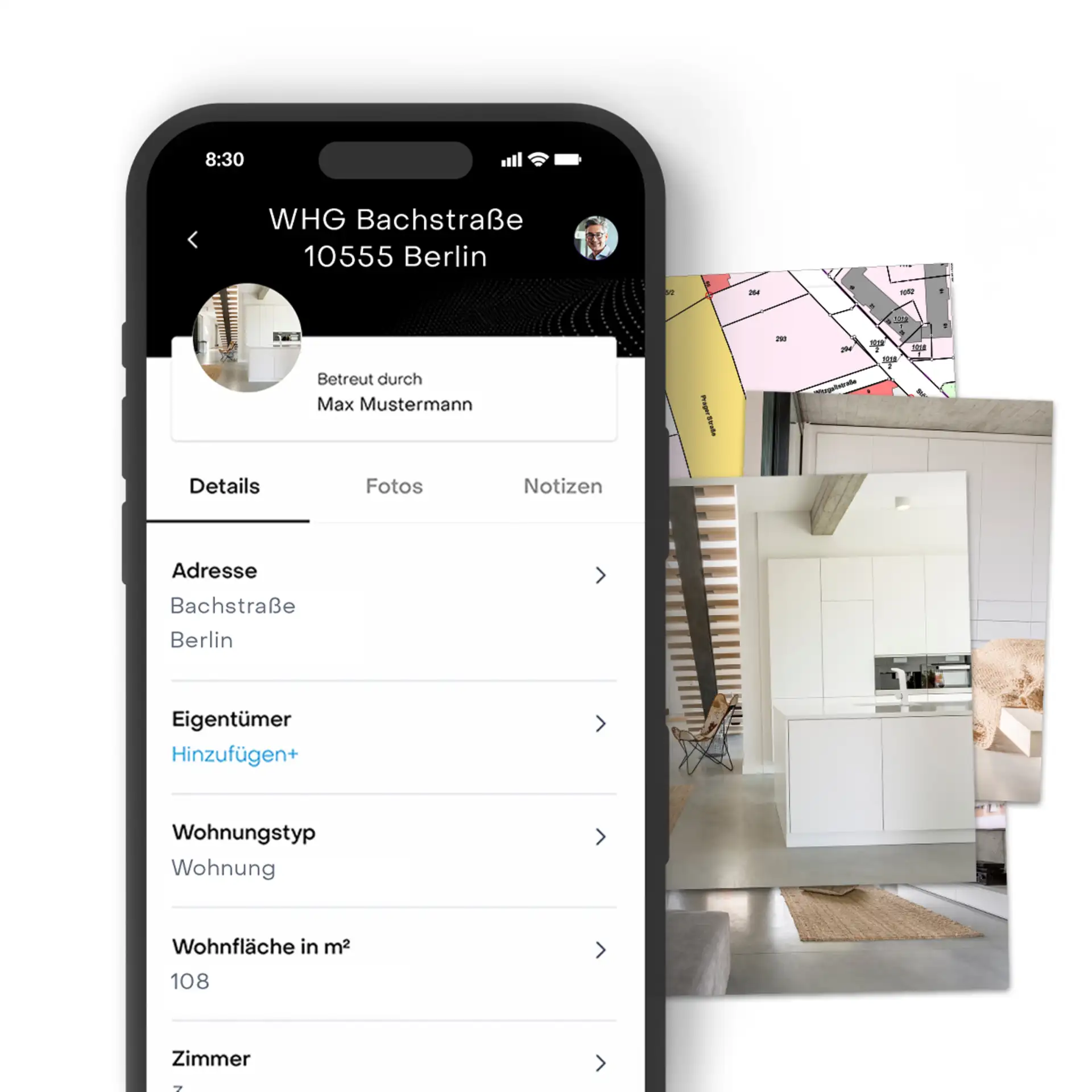 Smartphone zeigt Wohnungsdetails, daneben Fotos von moderner Küche und bunter Grundstückskarte.