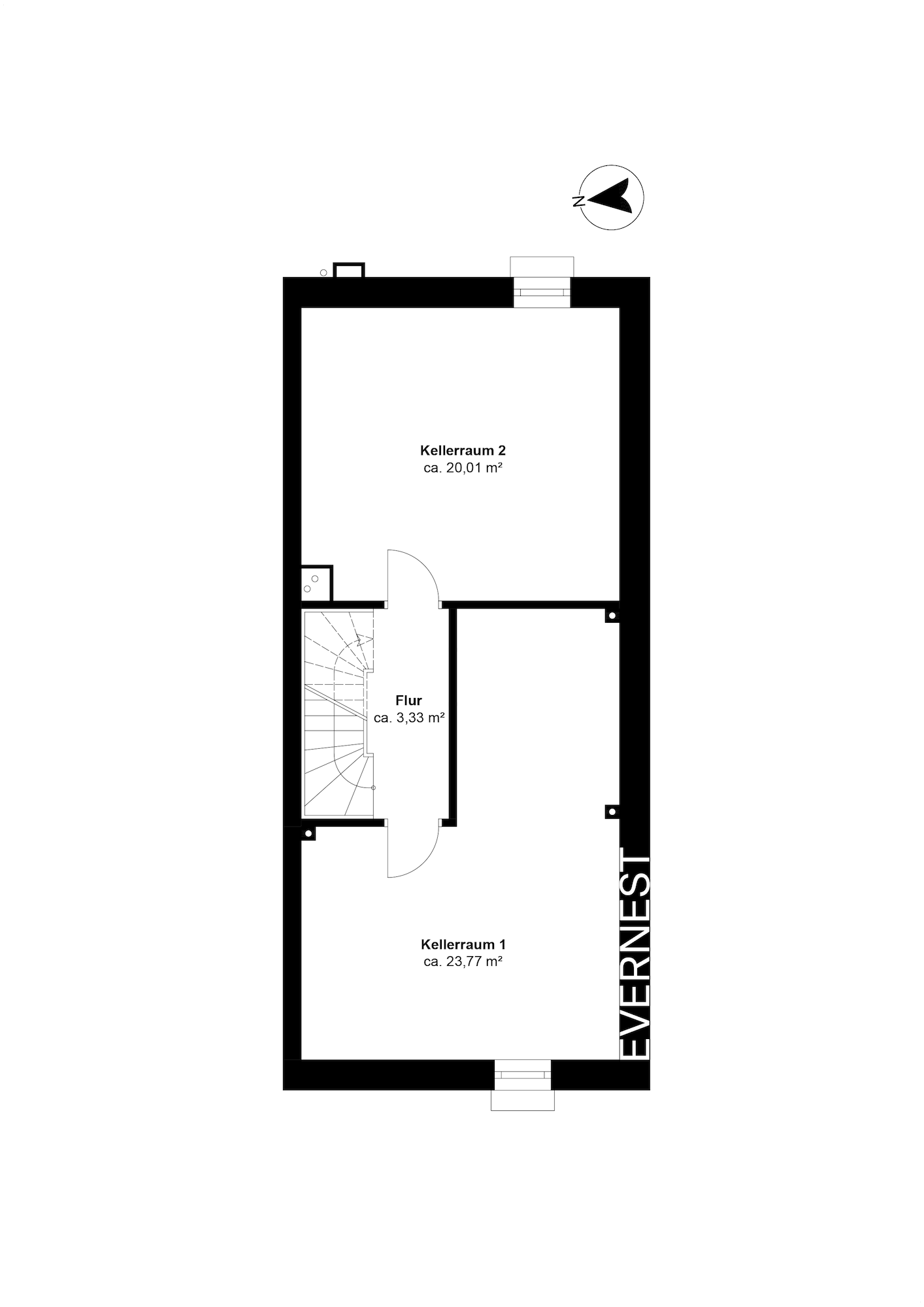 Grundriss mit zwei Kellerräumen und einem Flur, Flächenangaben in Quadratmetern.