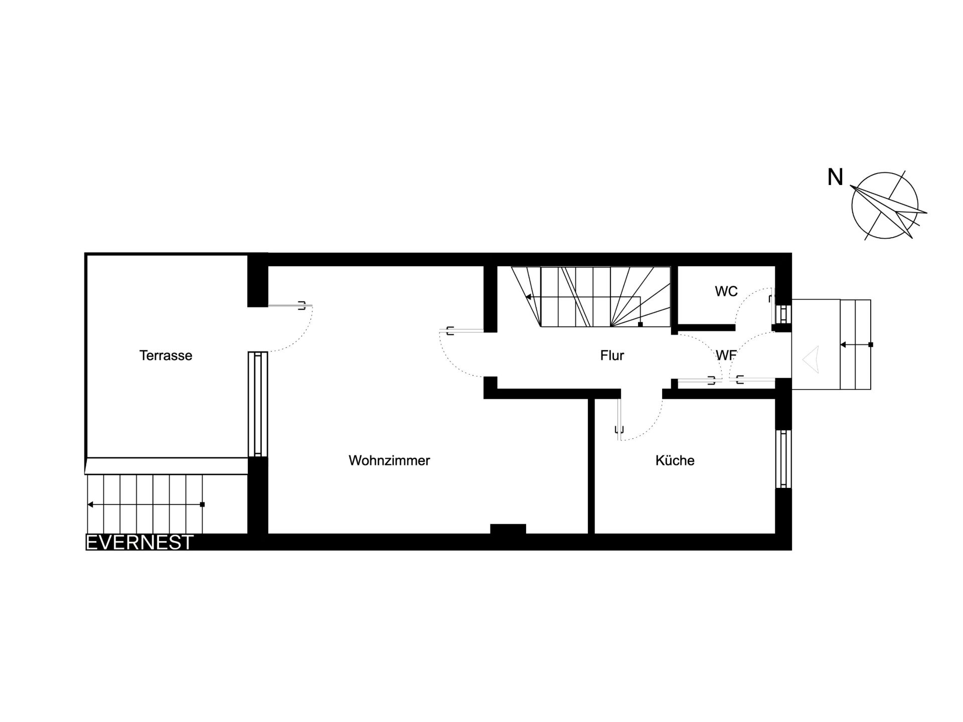 Grundriss mit Wohnzimmer, Terrasse, Küche, Flur und WC.