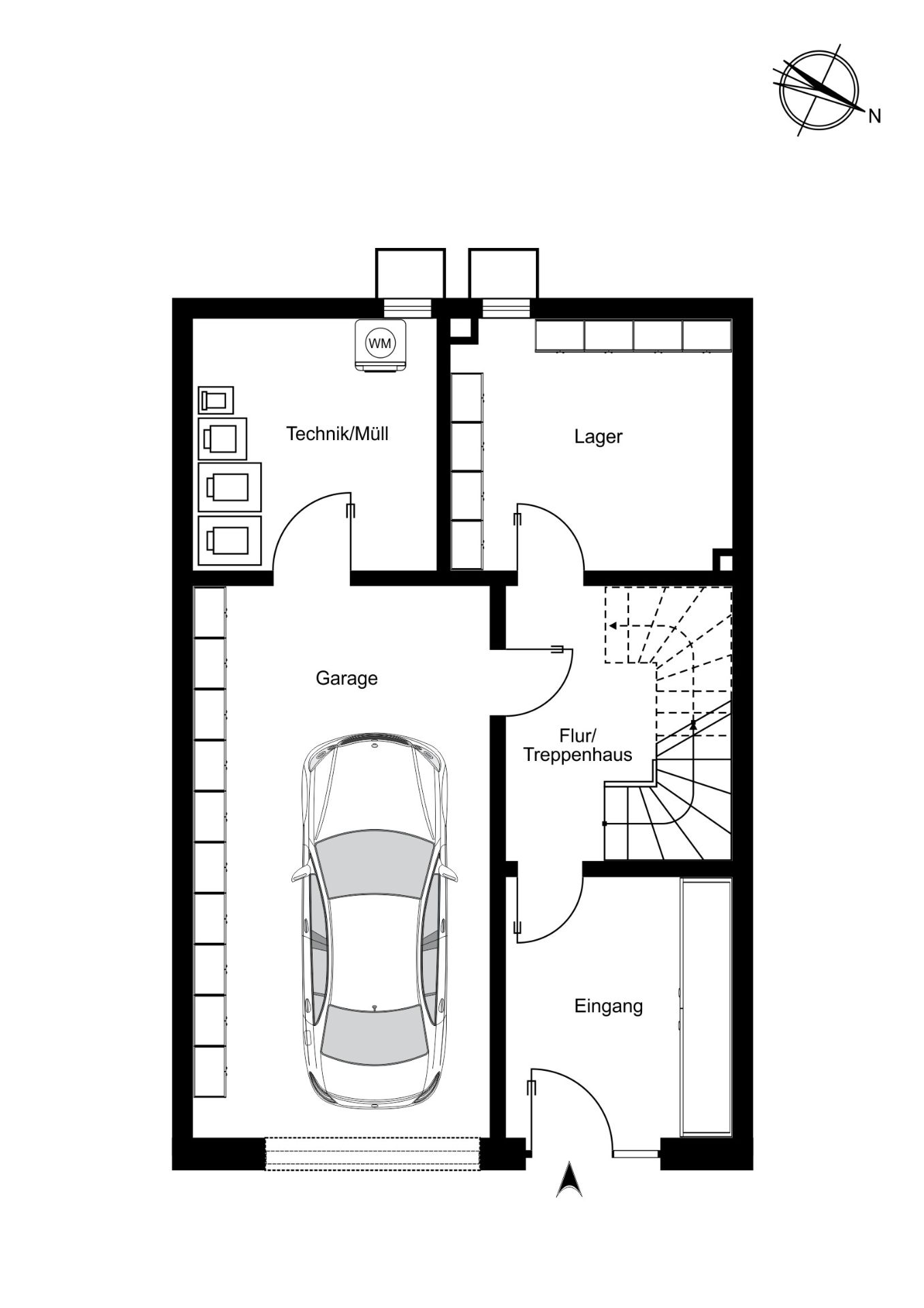 Grundriss mit Garage, Technikraum, Lager, Flur/Treppenhaus und Eingang.